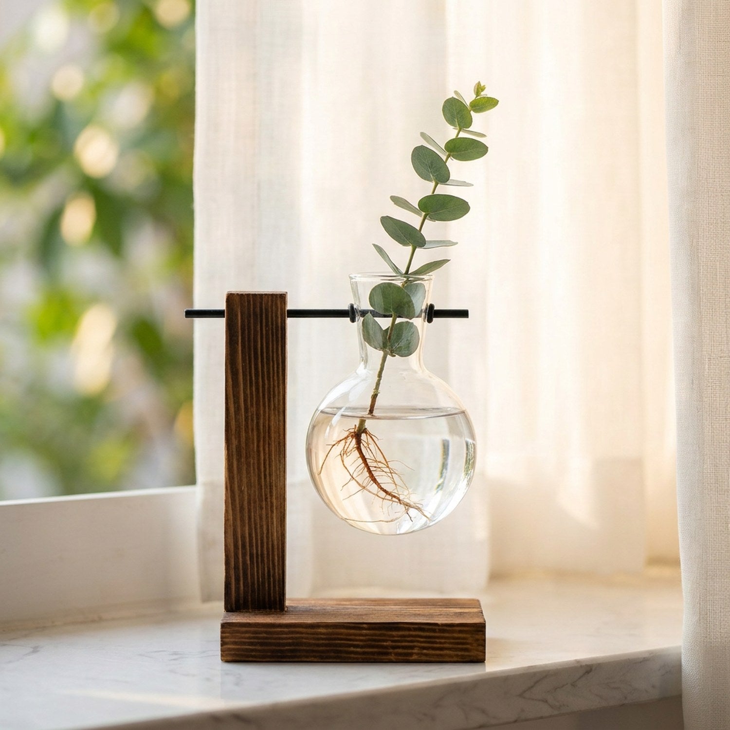 Vase à bouture en verre sur un rebord de fenêtre en marbre avec une branche d'eucalyptus