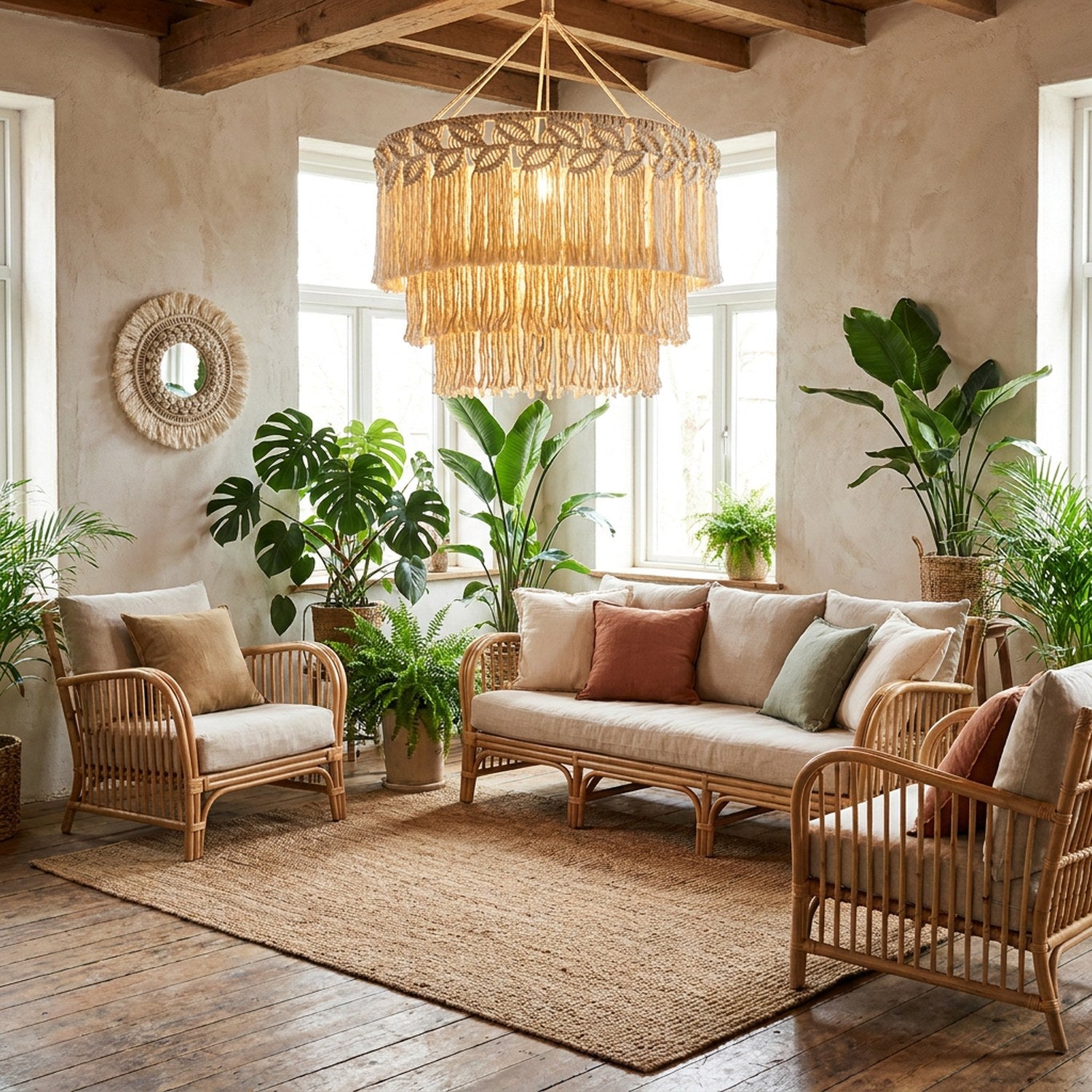 Abat-jour macramé pampilles dans salon bohème rattan, ambiance chaleureuse naturelle