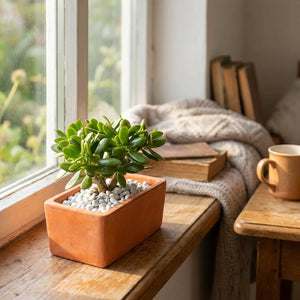 Pot en terre cuite rectangulaire avec jade plant sur un rebord de fenêtre ensoleillé