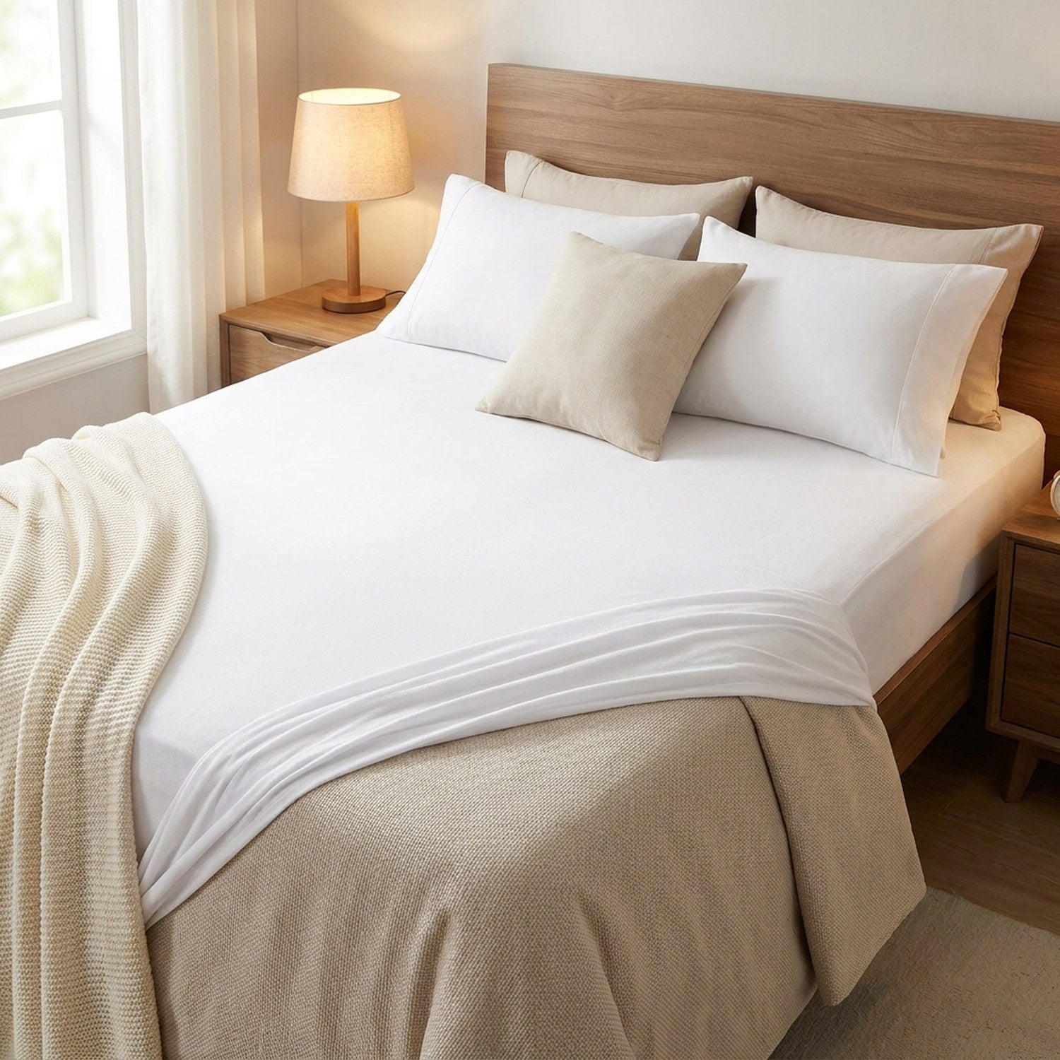 Housse de matelas installée sur un lit fait avec plaid beige et coussins