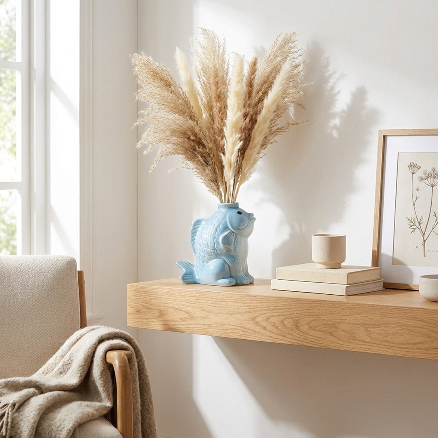 Vase poisson céramique bleu avec fleurs séchées pampa sur étagère bois naturel
