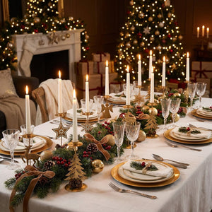 Table de Noël festive avec bougeoirs dorés en métal et décorations hivernales