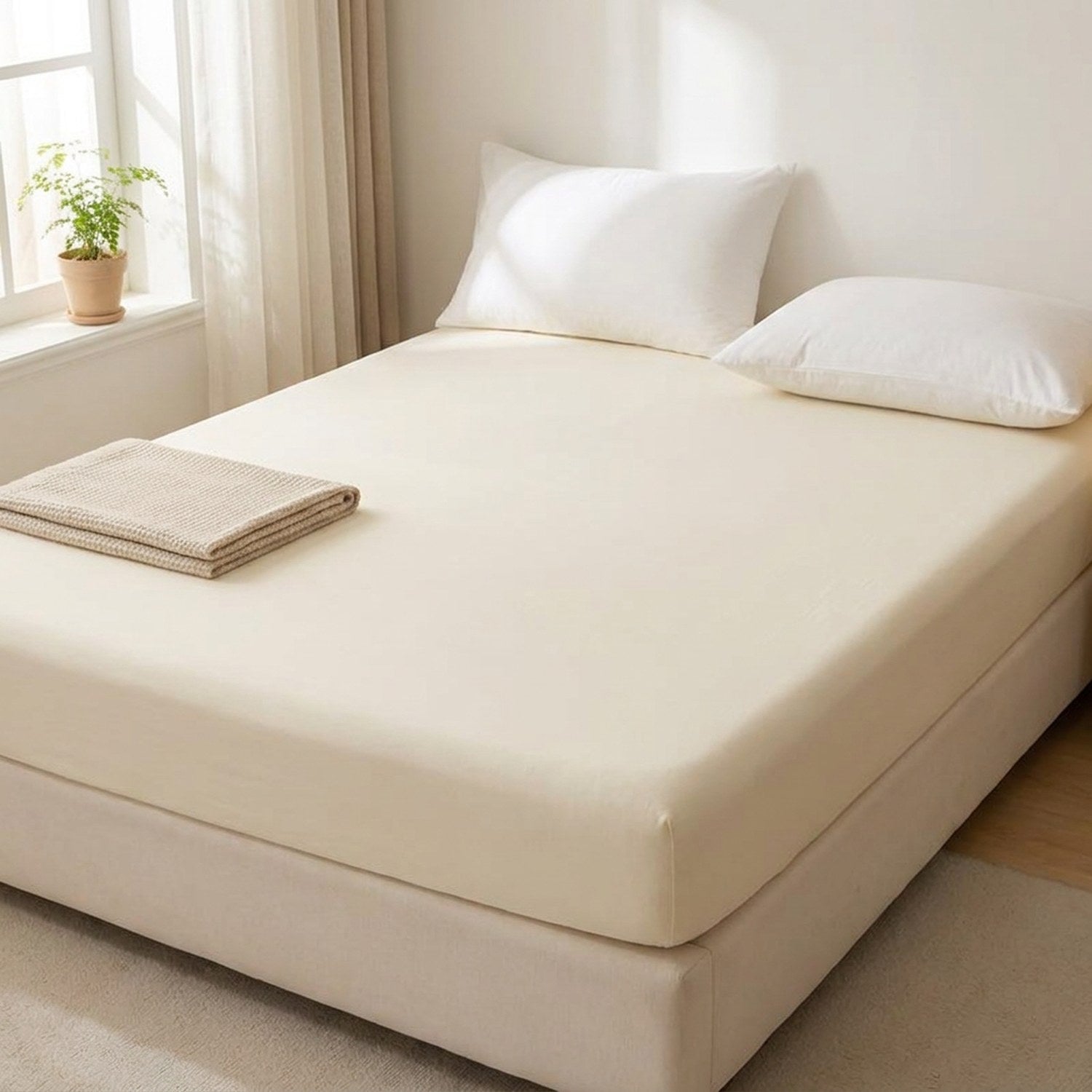 Lit fait avec drap housse beige, oreillers blancs et plaid plié dans une chambre lumineuse