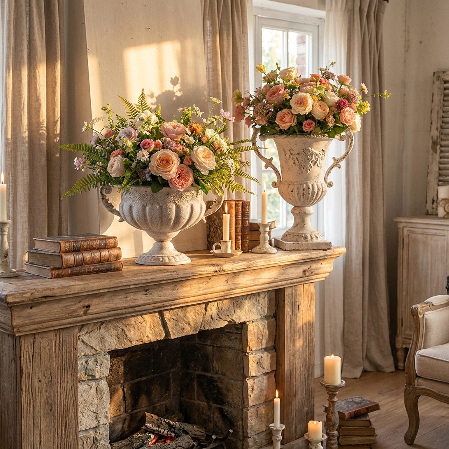 Deux urnes vintage métal blanc avec arrangements floraux sur cheminée en pierre style campagne française