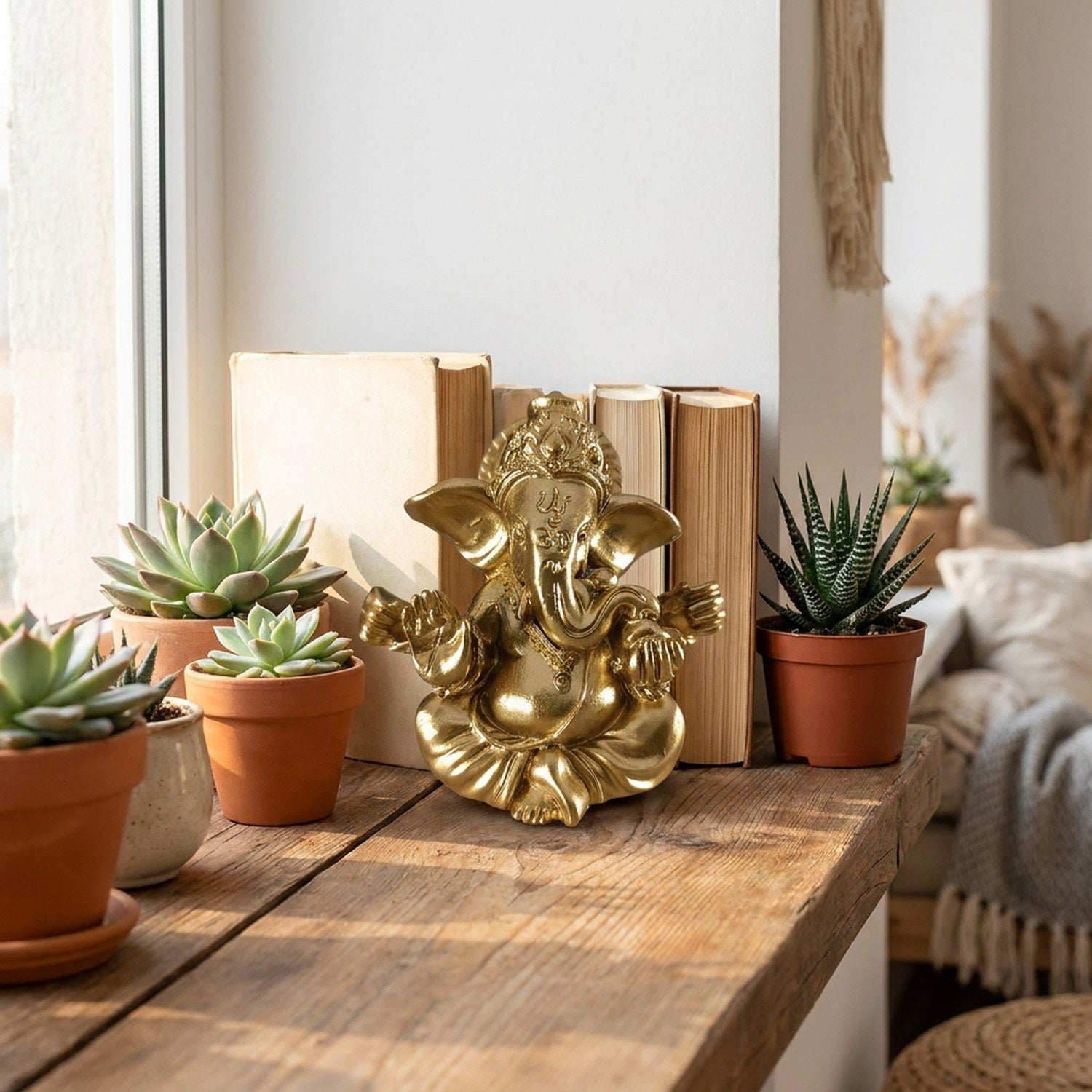 Figurine de Ganesha en résine dorée posée sur une étagère en bois