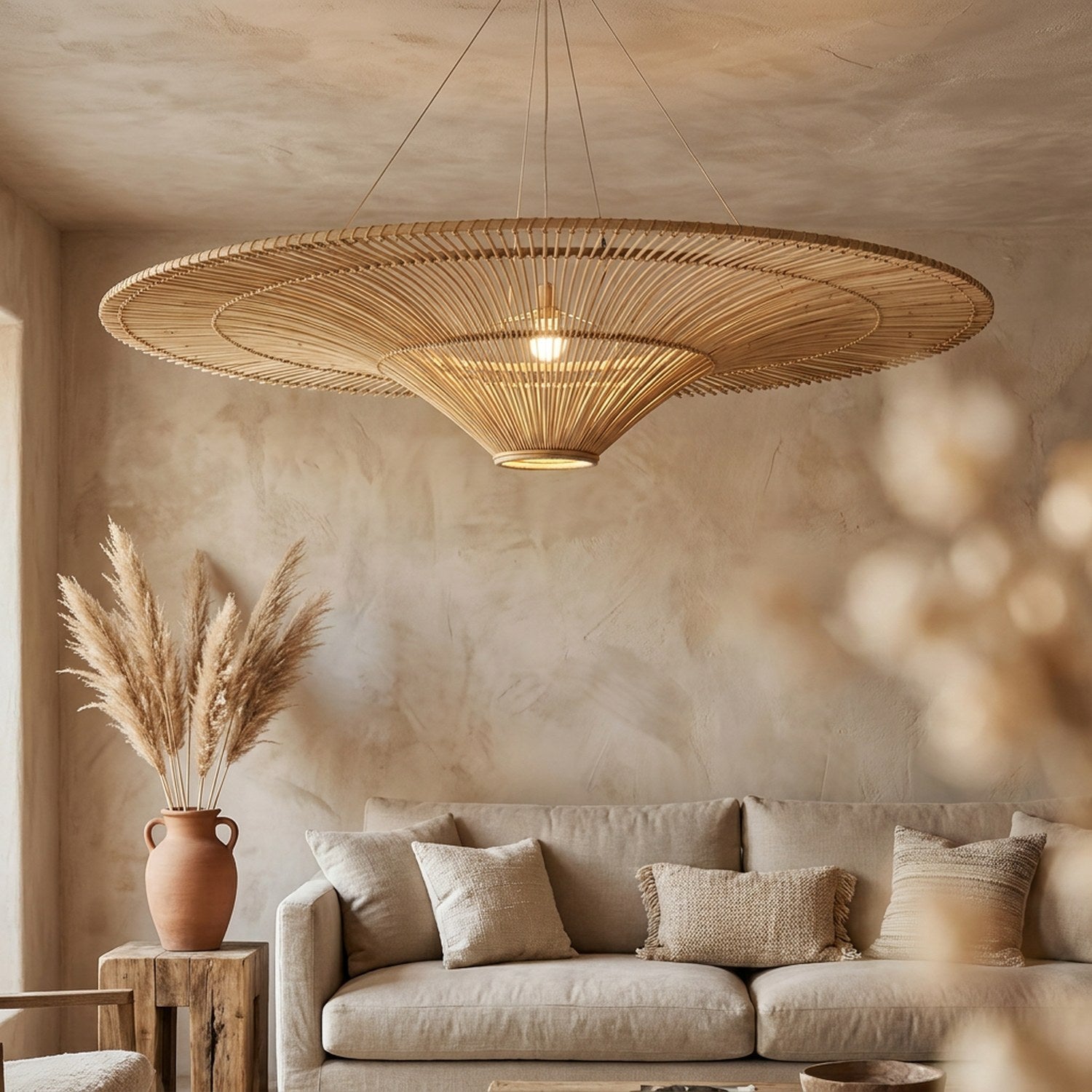 Suspension plafonnier rotin naturel - salon wabi sabi japonais