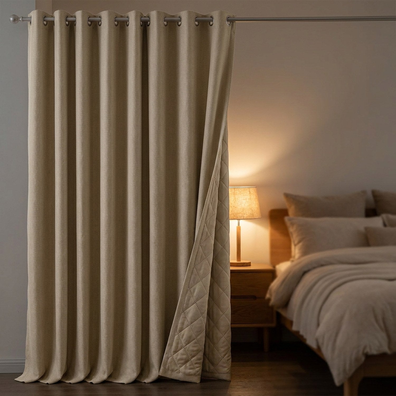 Rideau occultant beige fermé le soir dans une chambre tamisée