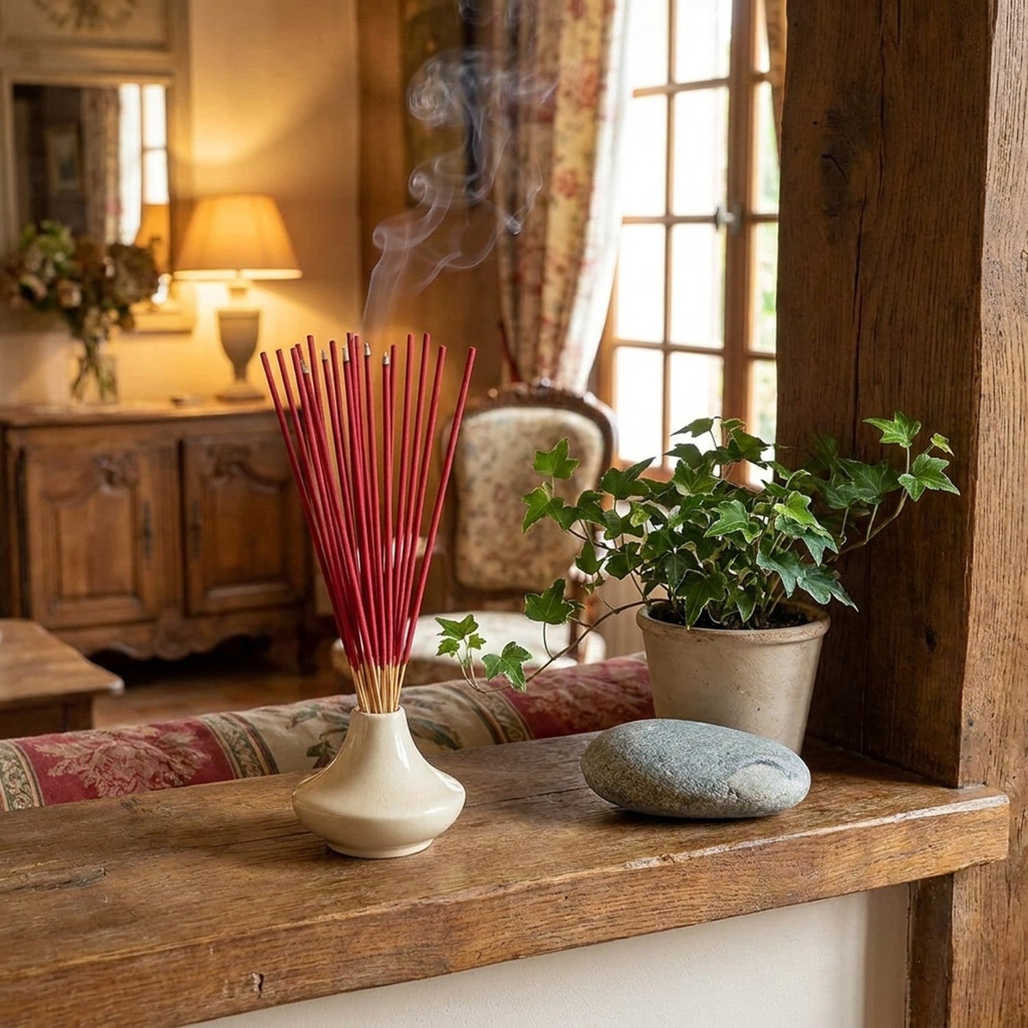 Bâtons d'encens rouge sur étagère bois avec plante verte et pierre dans salon chaleureux