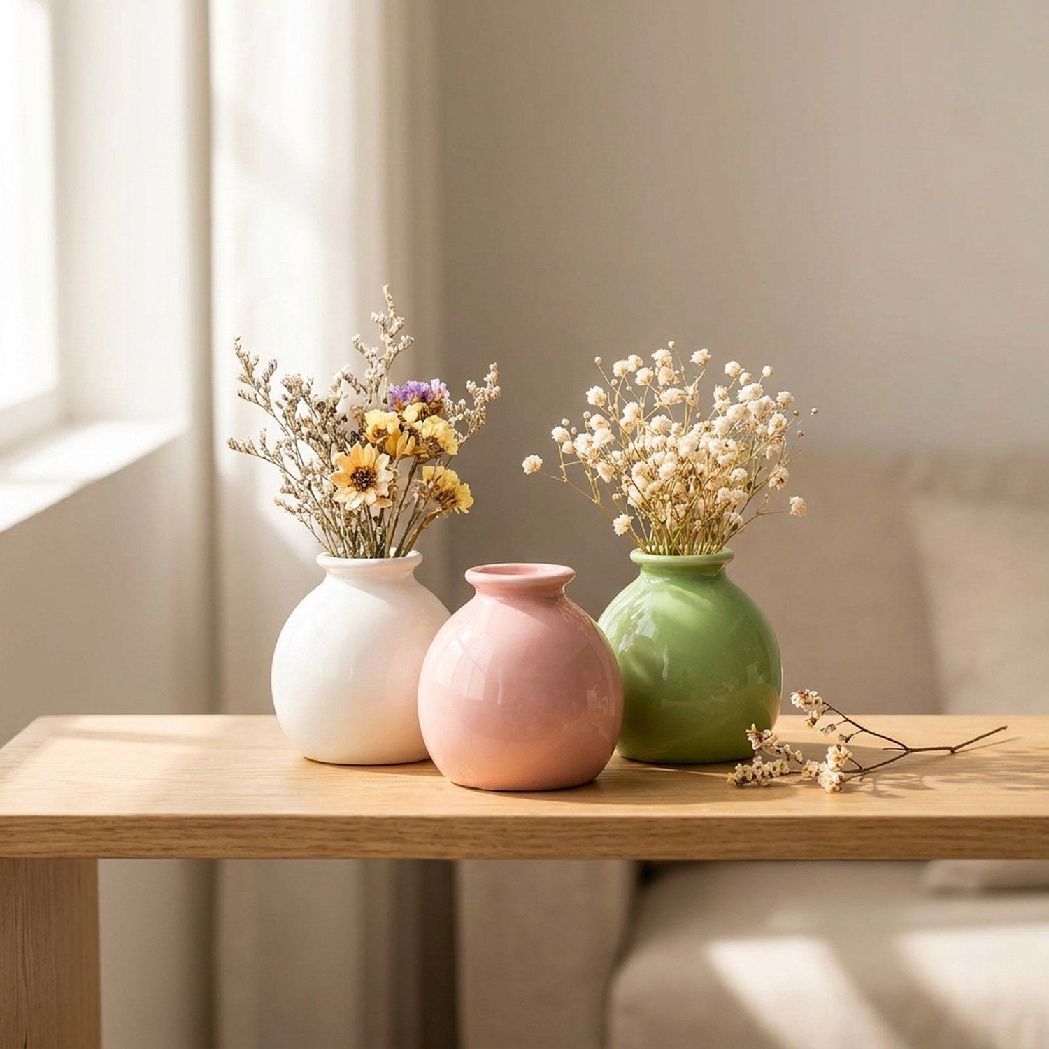 Mini vase céramique pot sur étagère avec branches séchées ambiance bohème