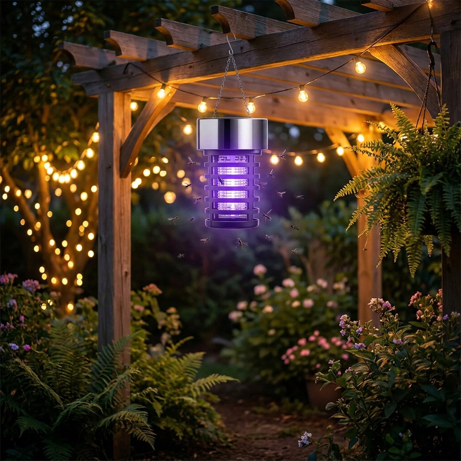 Lampe anti-insectes solaire UV accrochée sous pergola en jardin la nuit