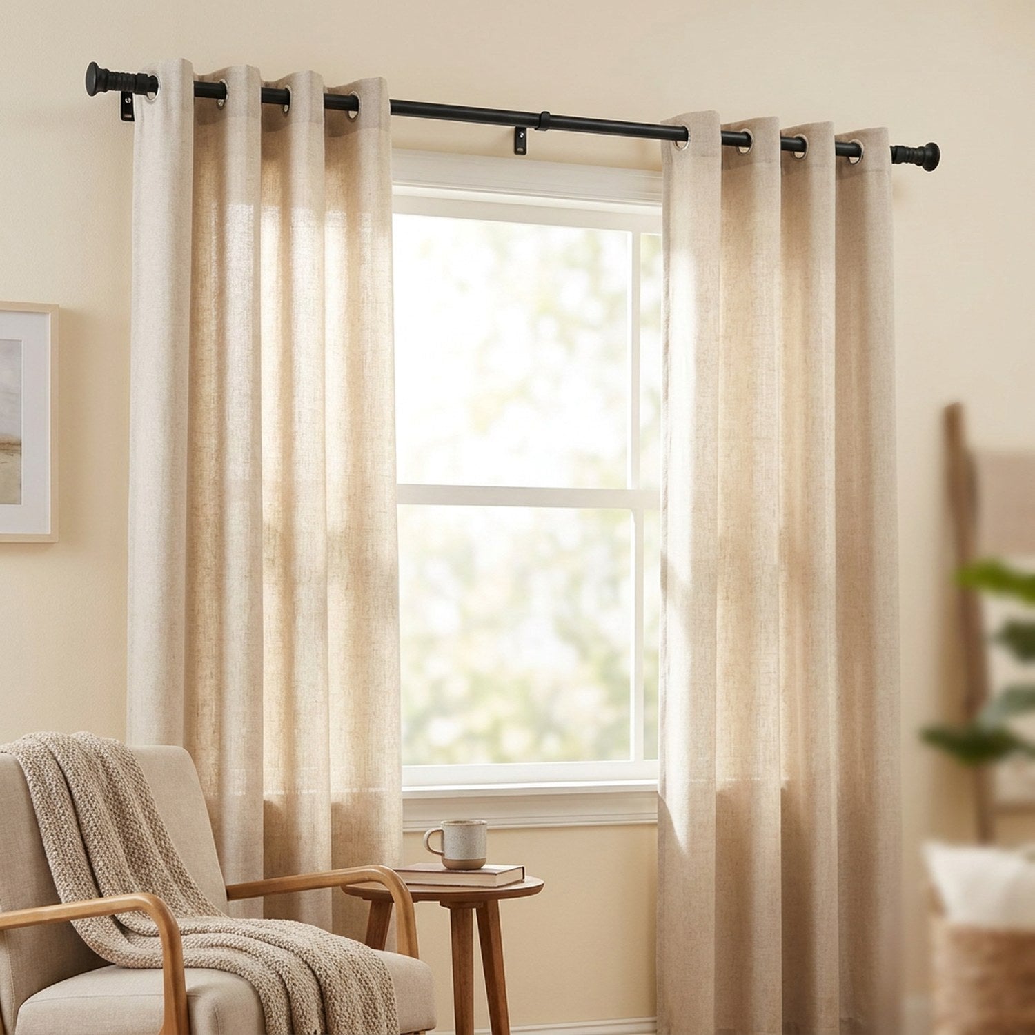 Tringle à rideau noire installée dans un salon lumineux avec rideaux en lin beige