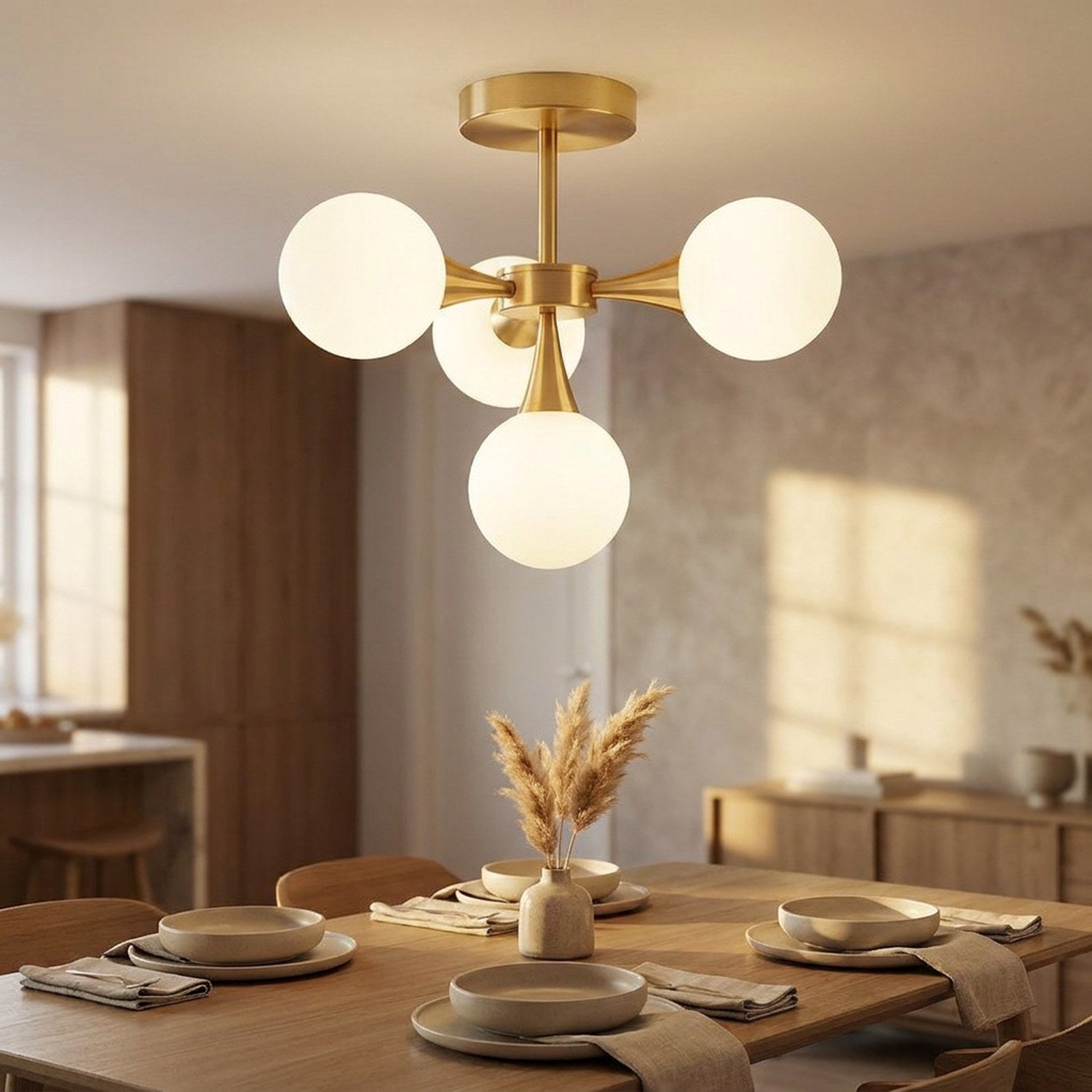 Lustre art déco 4 globes opalins en bouquet au-dessus d'une table dressée