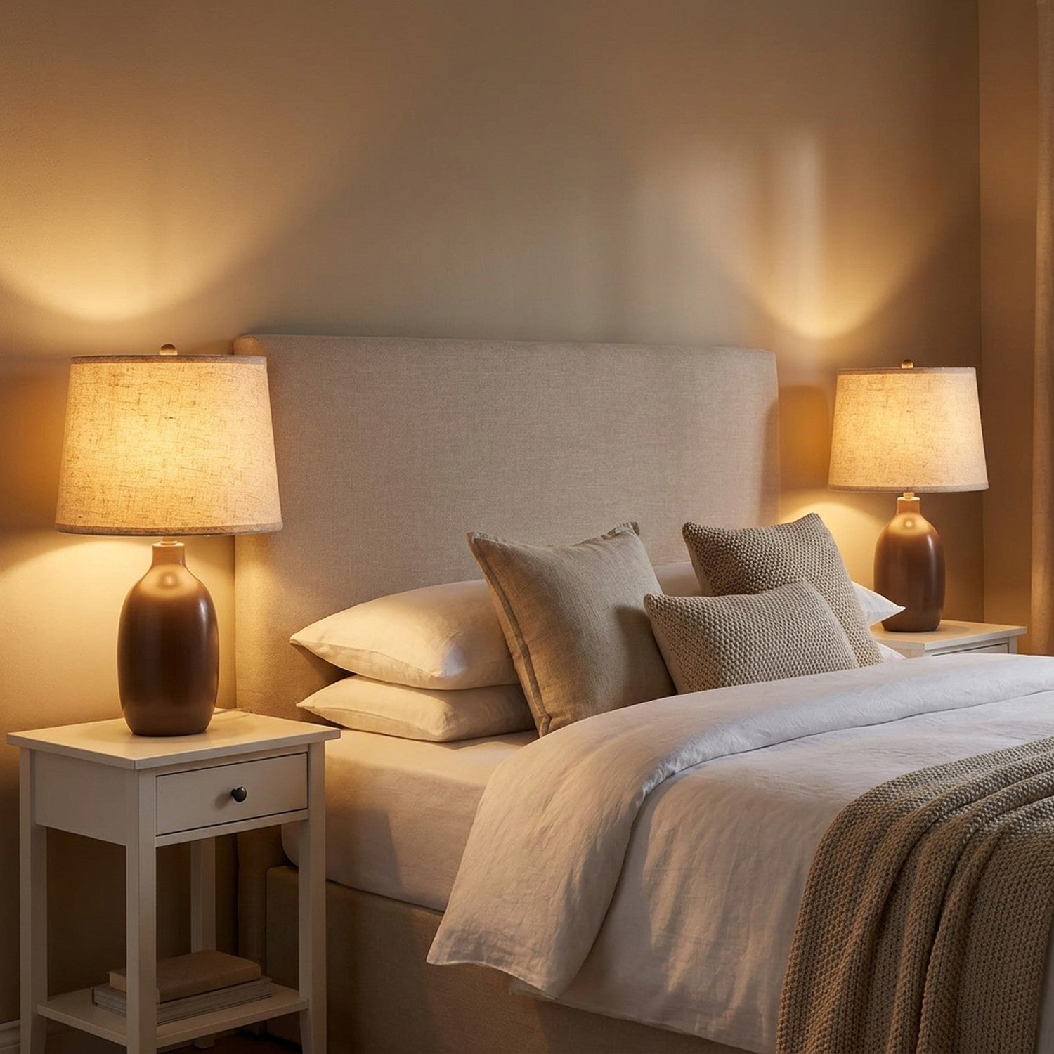 Lot de 2 abat-jours tambour lin beige et noir sur lampes coordonnées en salon