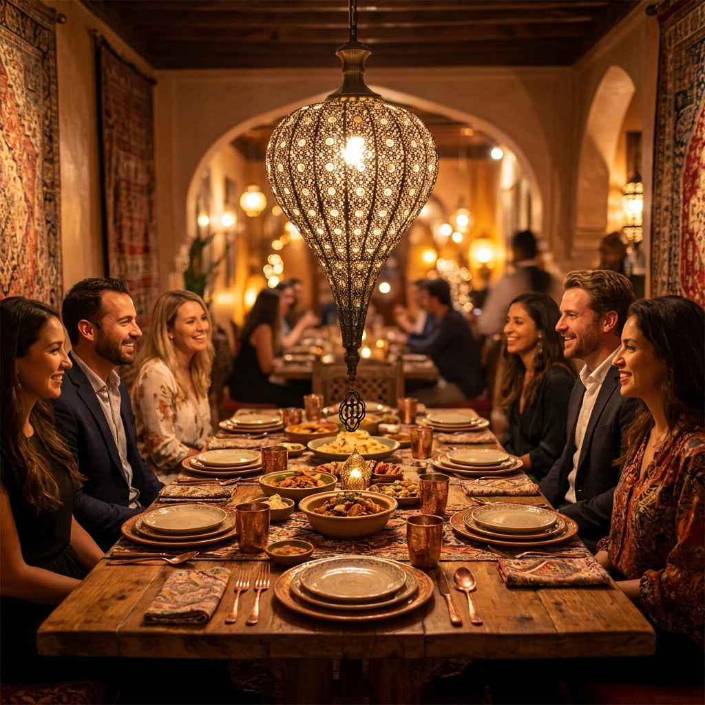Lampe suspension marocaine métal ajouré - ambiance salon