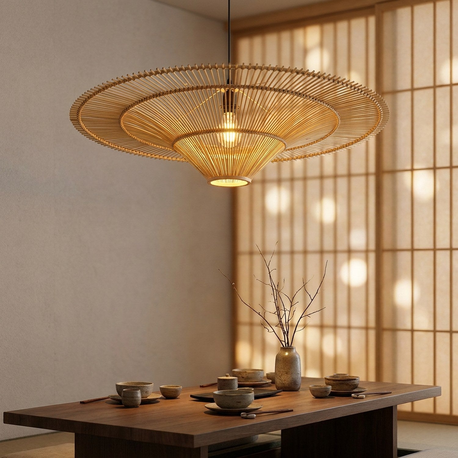 Lustre en rotin bambou naturel - ambiance salon wabi sabi