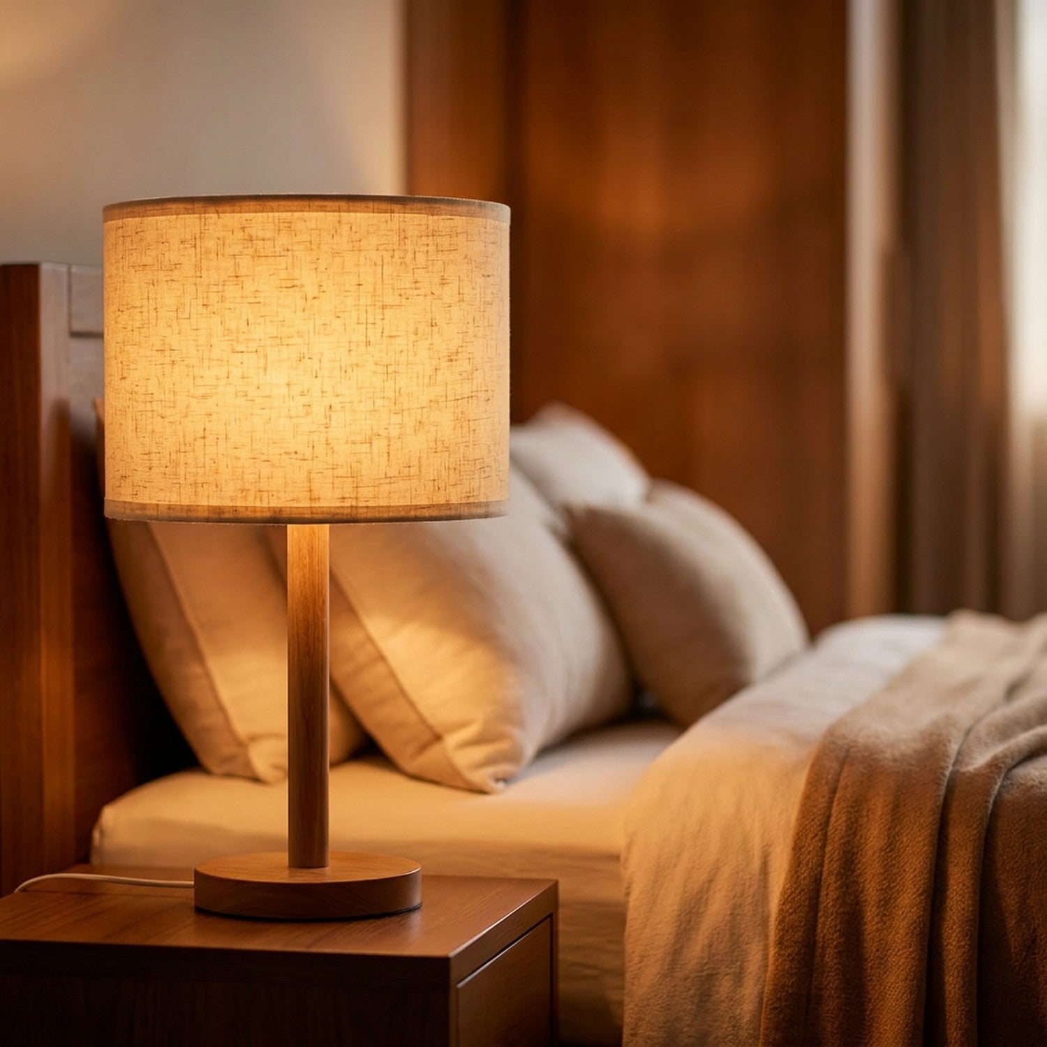 Abat-jour en lin sur lampe de table en bois posée sur chevet dans une chambre cosy
