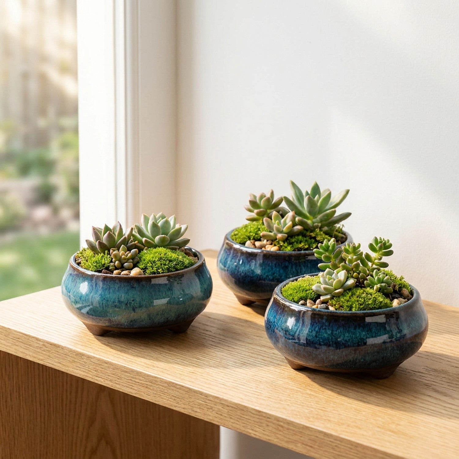 Collection pots bonsaï céramique bleue sur étagère avec succulentes