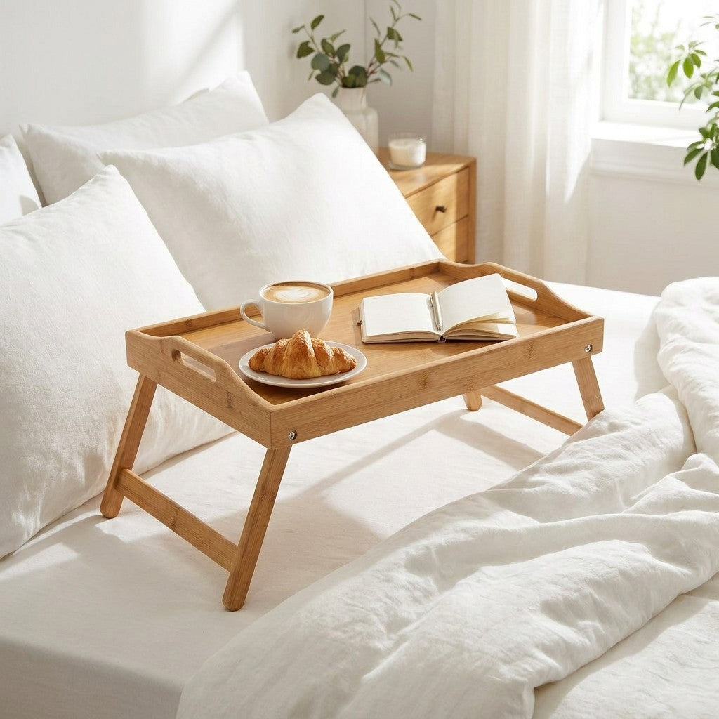 Plateau de lit avec petit déjeuner sur un lit douillet