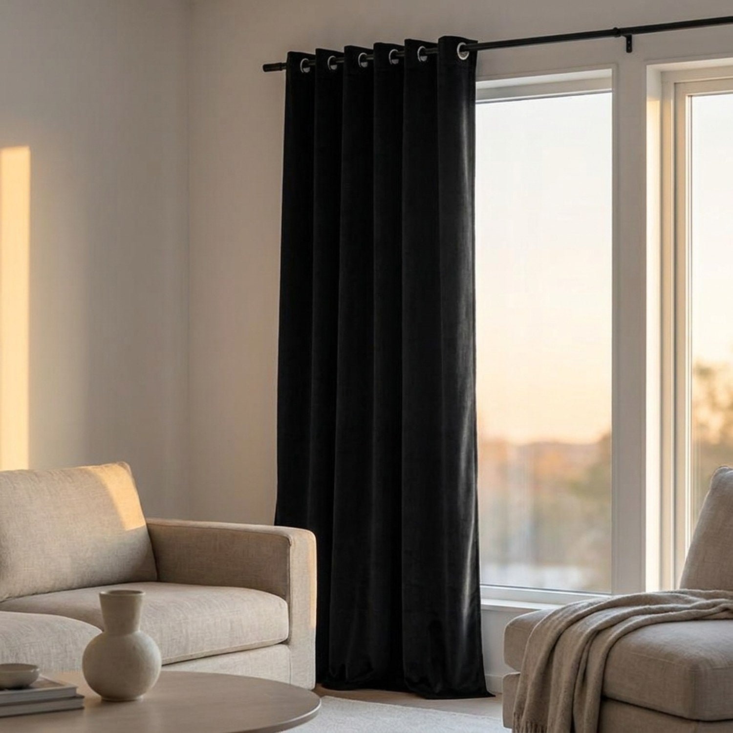 Rideau en velours noir dans un salon lumineux au coucher du soleil avec canapé beige