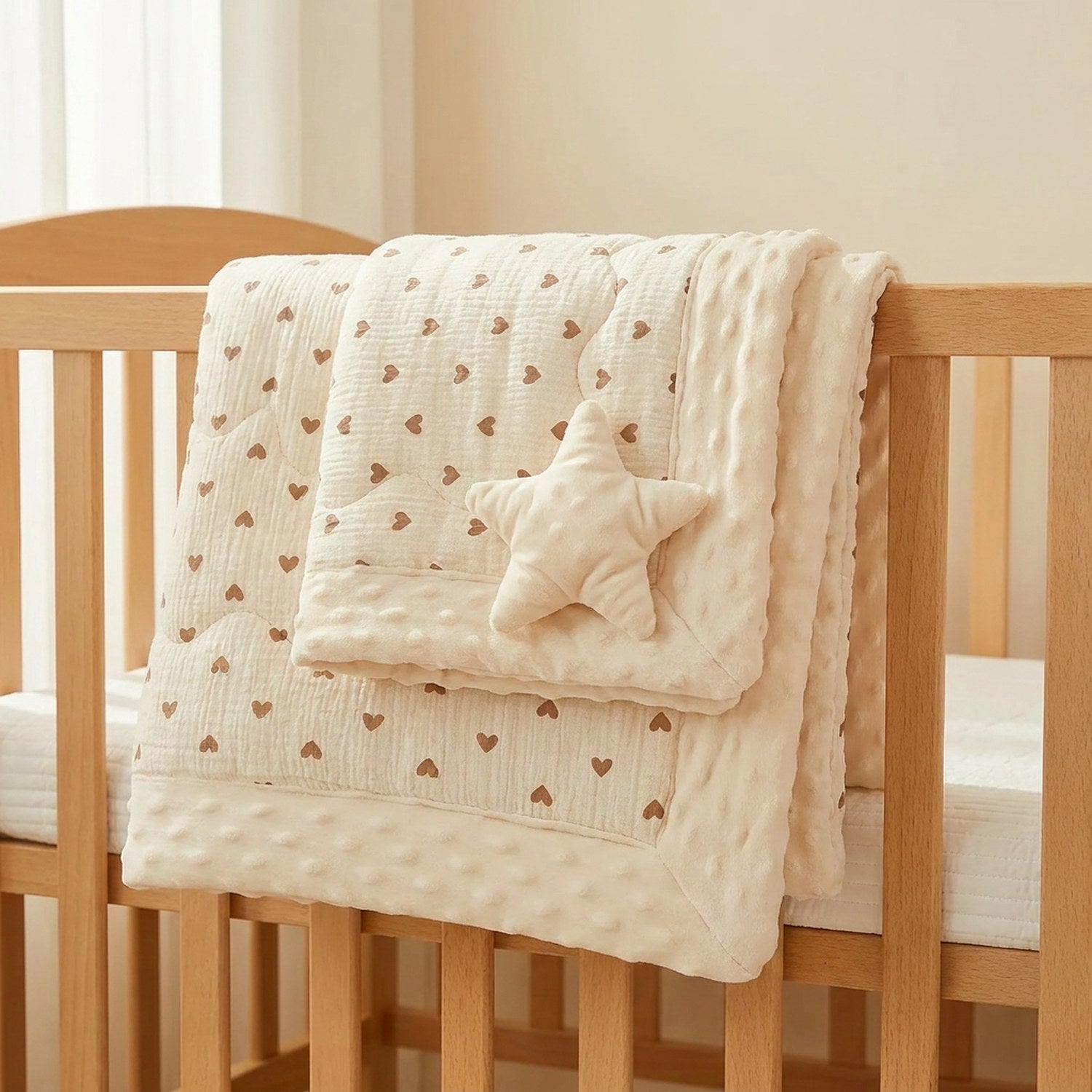 Couette bébé motif cœurs drapée sur la barrière du lit de berceau