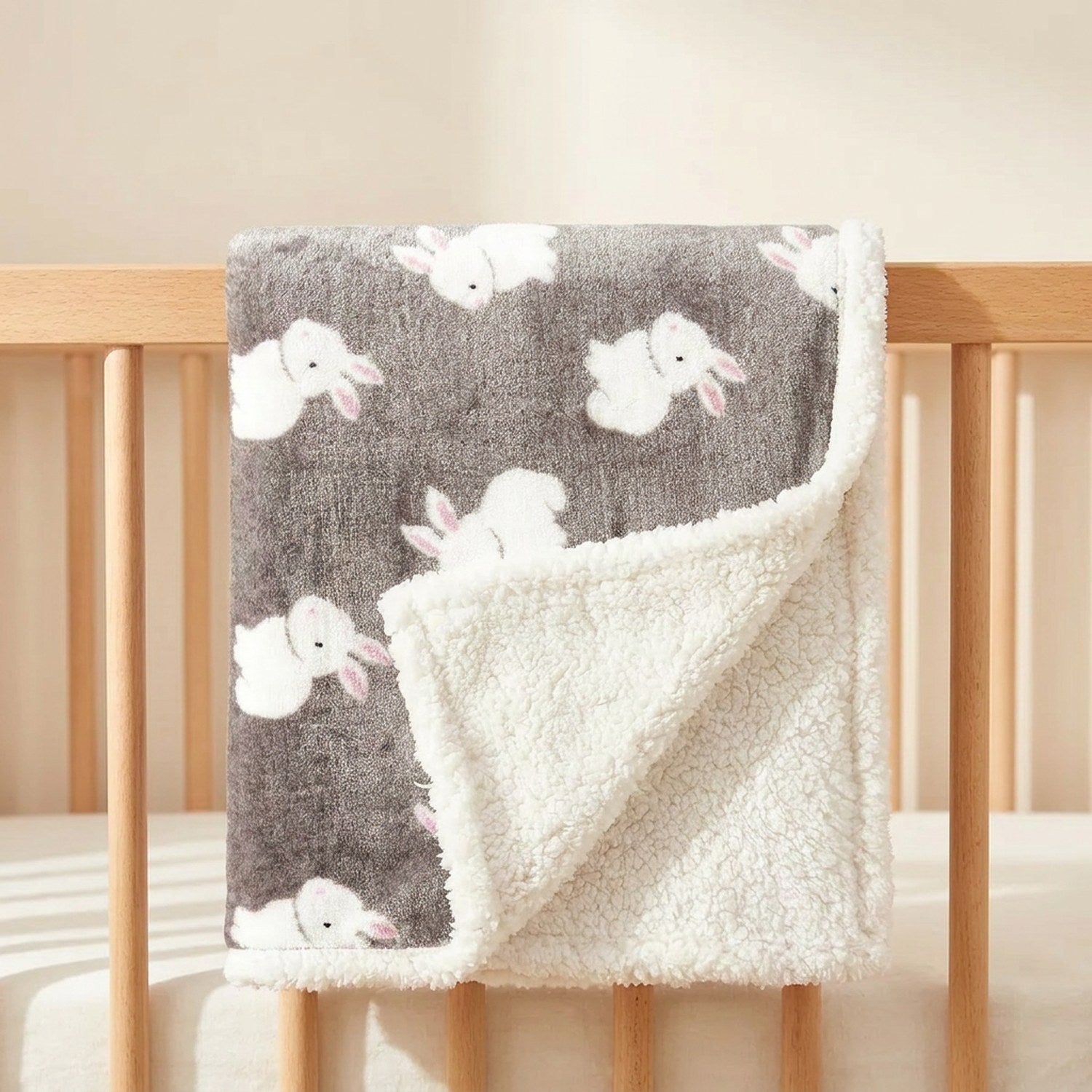 Couverture bébé motif lapins drapée sur la barrière du lit de berceau