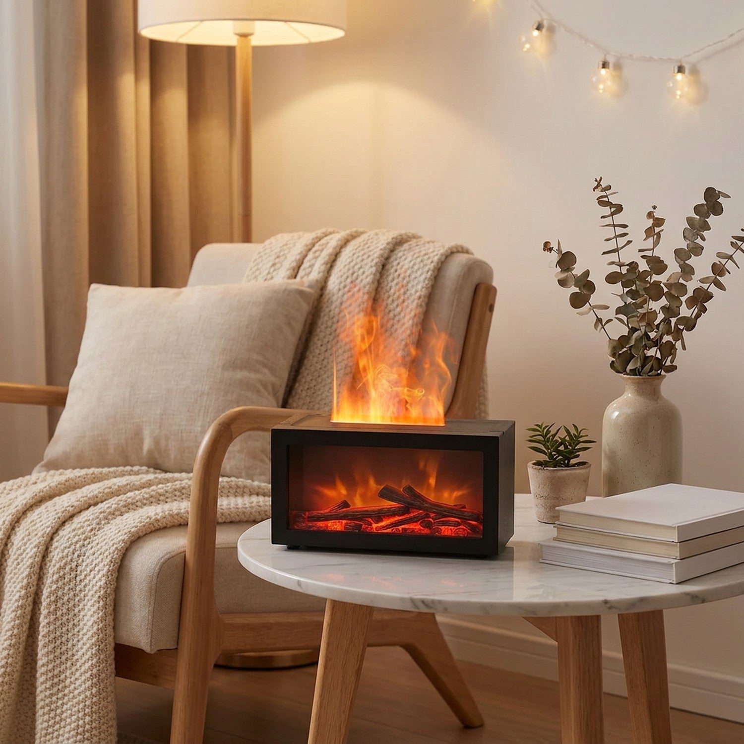 Diffuseur flamme aromatique sur table appoint salon scandinave