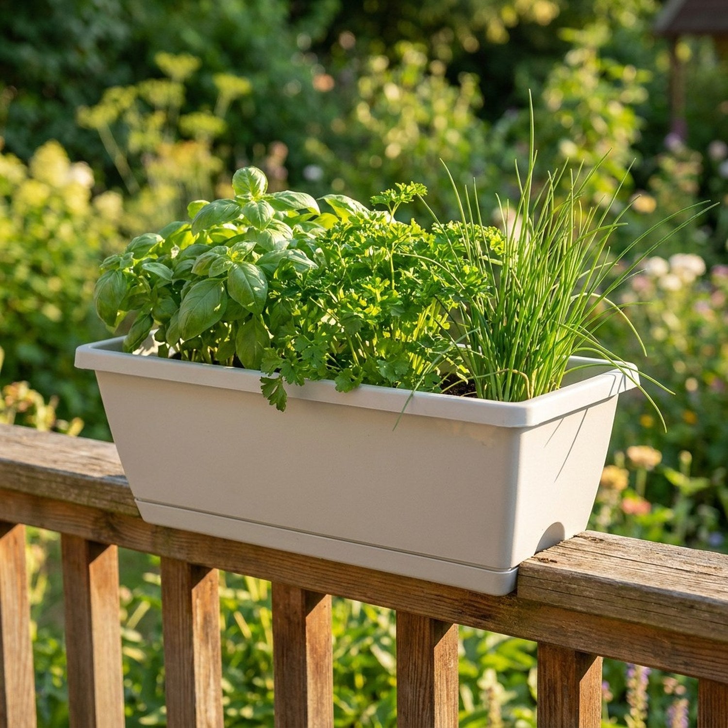 Jardinière rectangulaire avec herbes aromatiques sur garde-fou de balcon