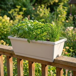 Jardinière rectangulaire avec herbes aromatiques sur garde-fou de balcon