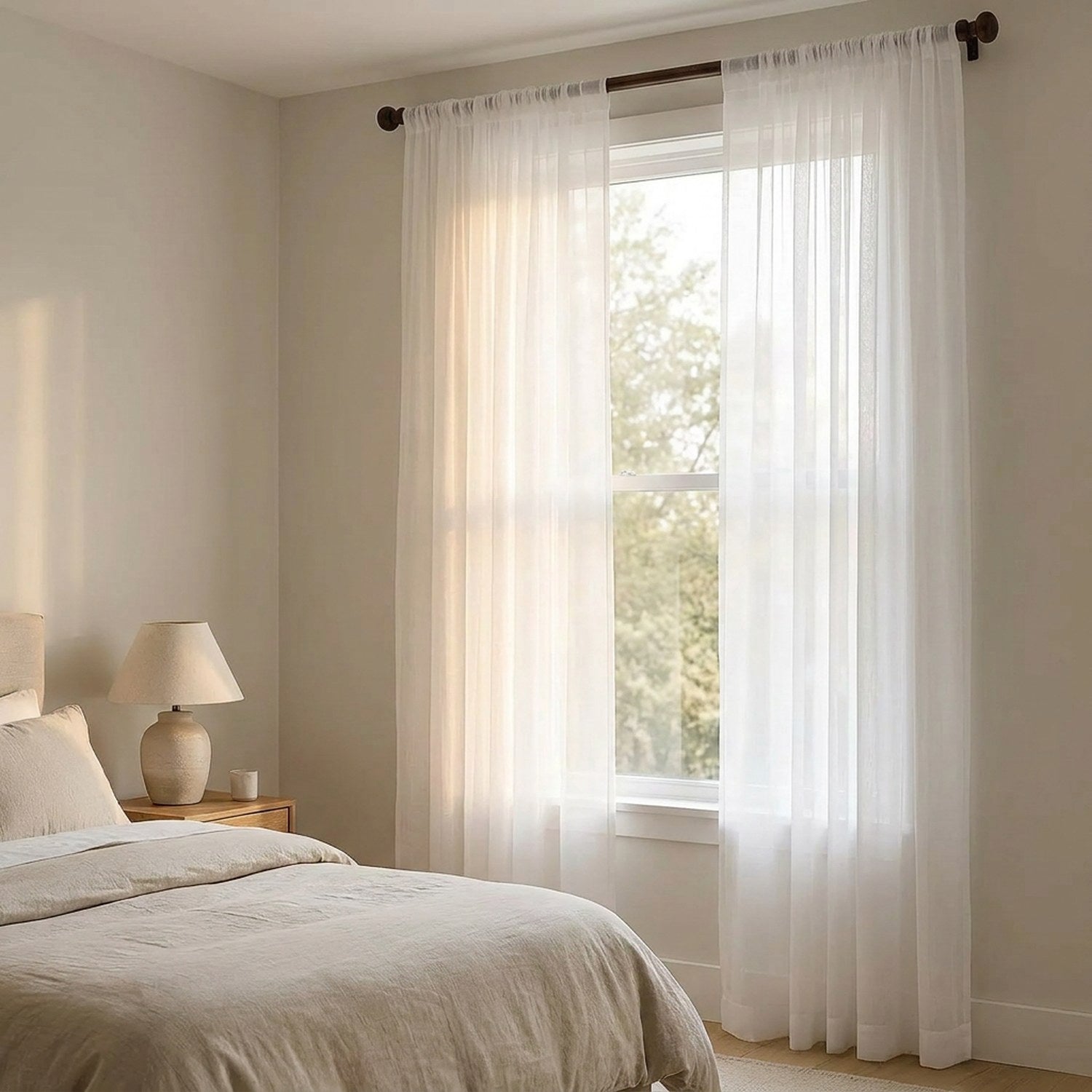Voilage blanc suspendu dans une chambre cosy avec lit et lampe de chevet