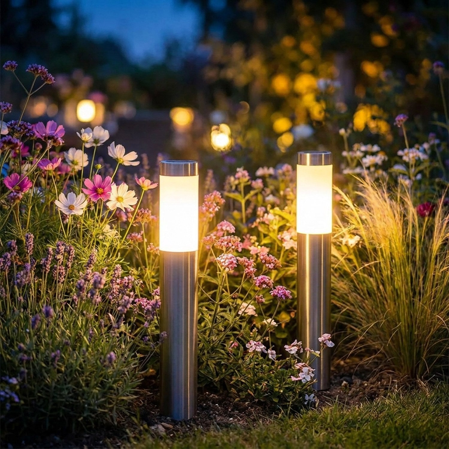 Lampadaire solaire extérieur jardin nuit mise en scène 2
