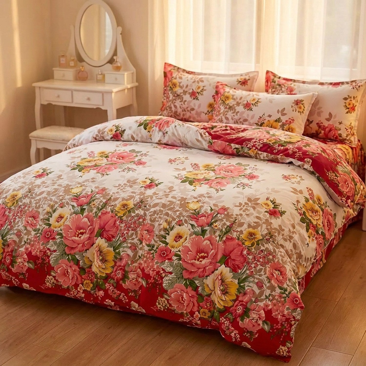 Parure de lit fleurie dans une chambre romantique avec coiffeuse et miroir