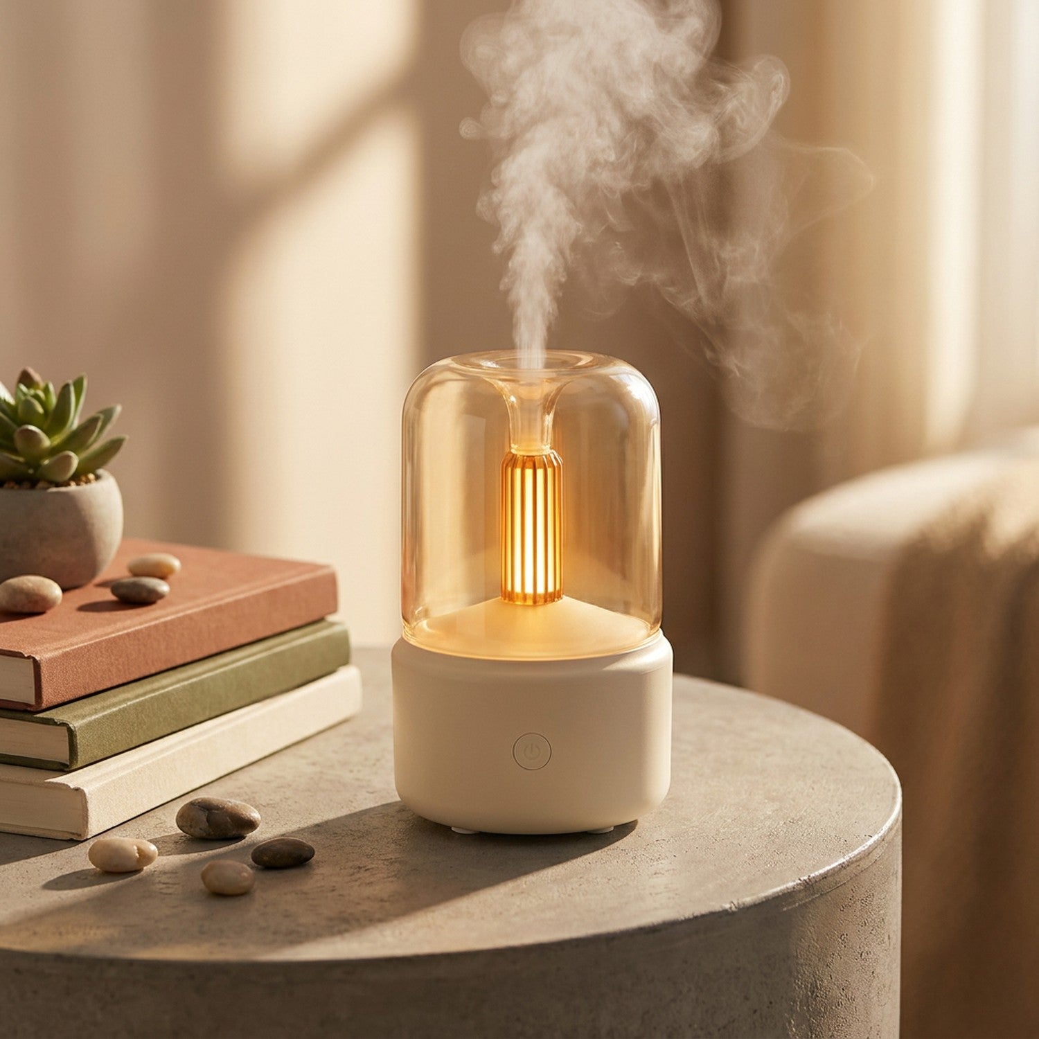 Mini diffuseur USB sur table d'appoint béton avec livres et lumière dorée