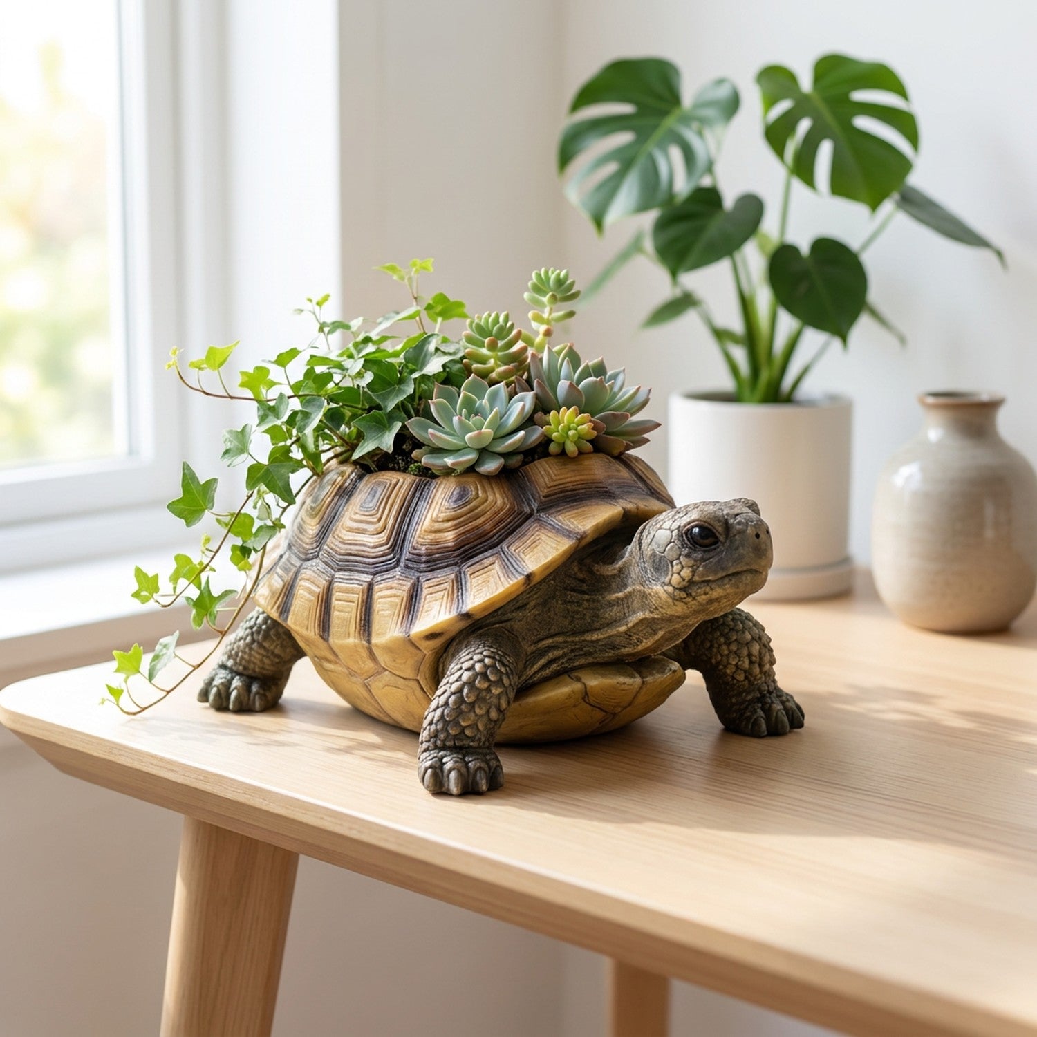 Jardinière tortue résine avec lierre sur bureau en bois près fenêtre ensoleillée intérieur scandinave