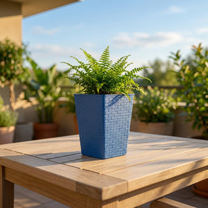 Jardinière bleue motif brique avec fougère sur table bois en terrasse ensoleillée
