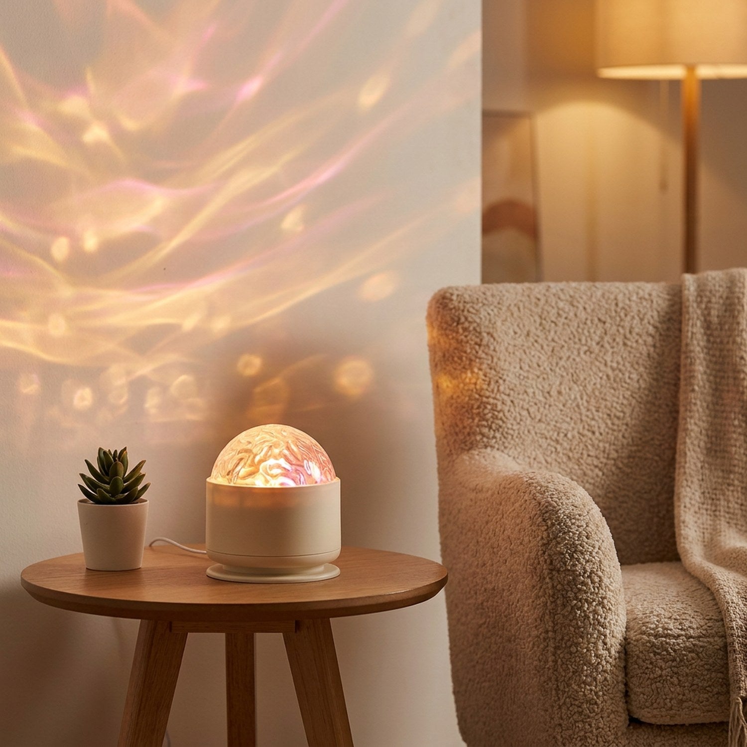 Veilleuse projecteur galaxie allumée en orange et rose sur une table basse près d'un fauteuil cocooning