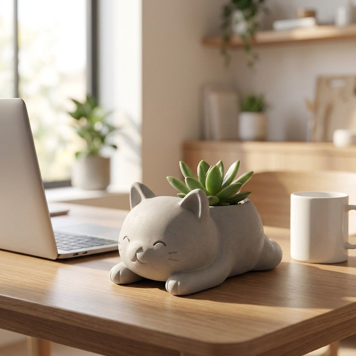 Pot chat gris clair avec succulente sur bureau en bois moderne