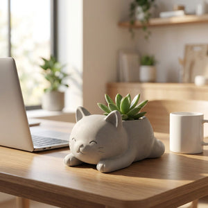 Pot chat gris clair avec succulente sur bureau en bois moderne