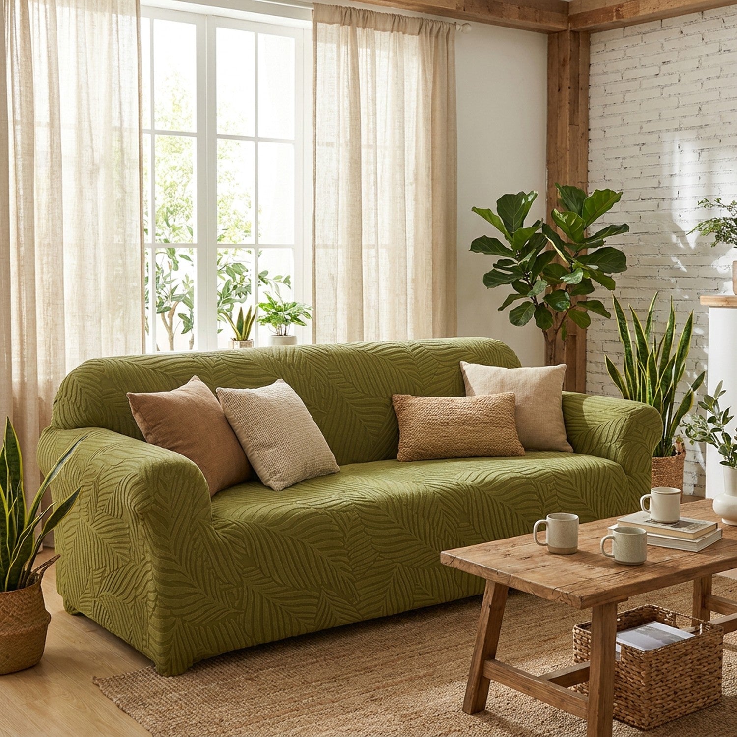 Housse de canapé motif feuilles verte dans un salon lumineux