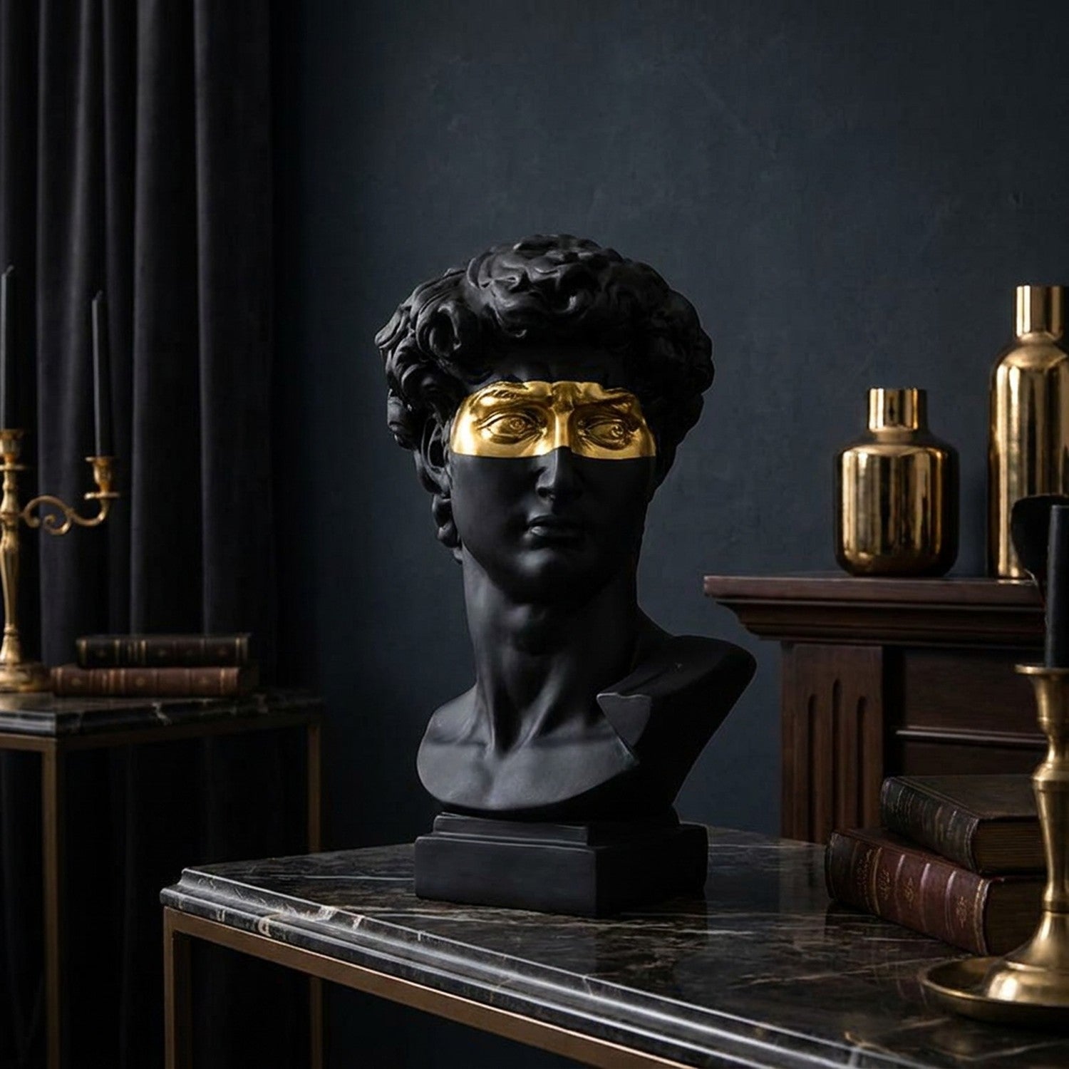 Buste David noir masque doré décoration console marbre
