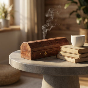 Porte-encens bois sculpté table béton livres lumière dorée
