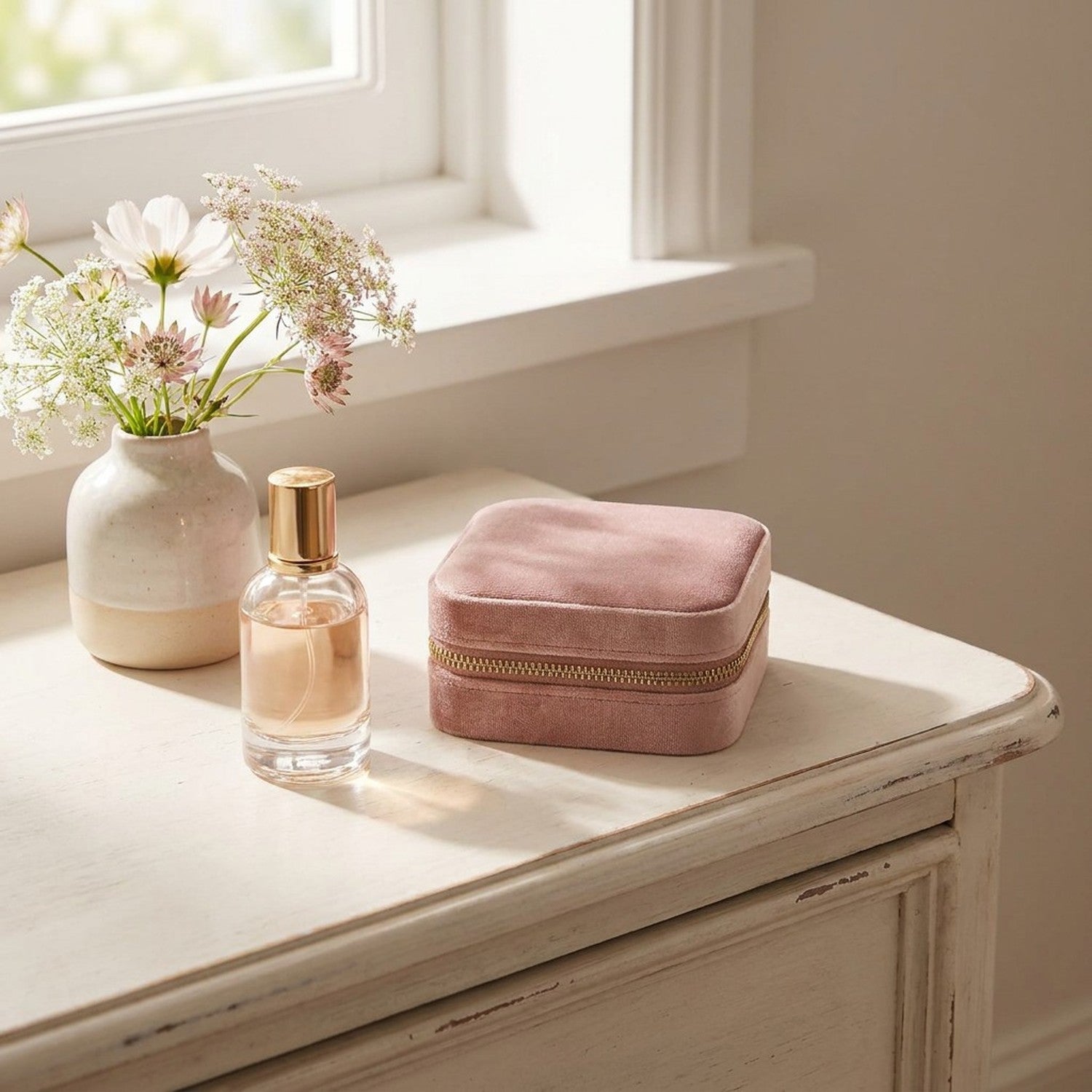 Coffret bijoux rose velours sur coiffeuse décor maison féminin