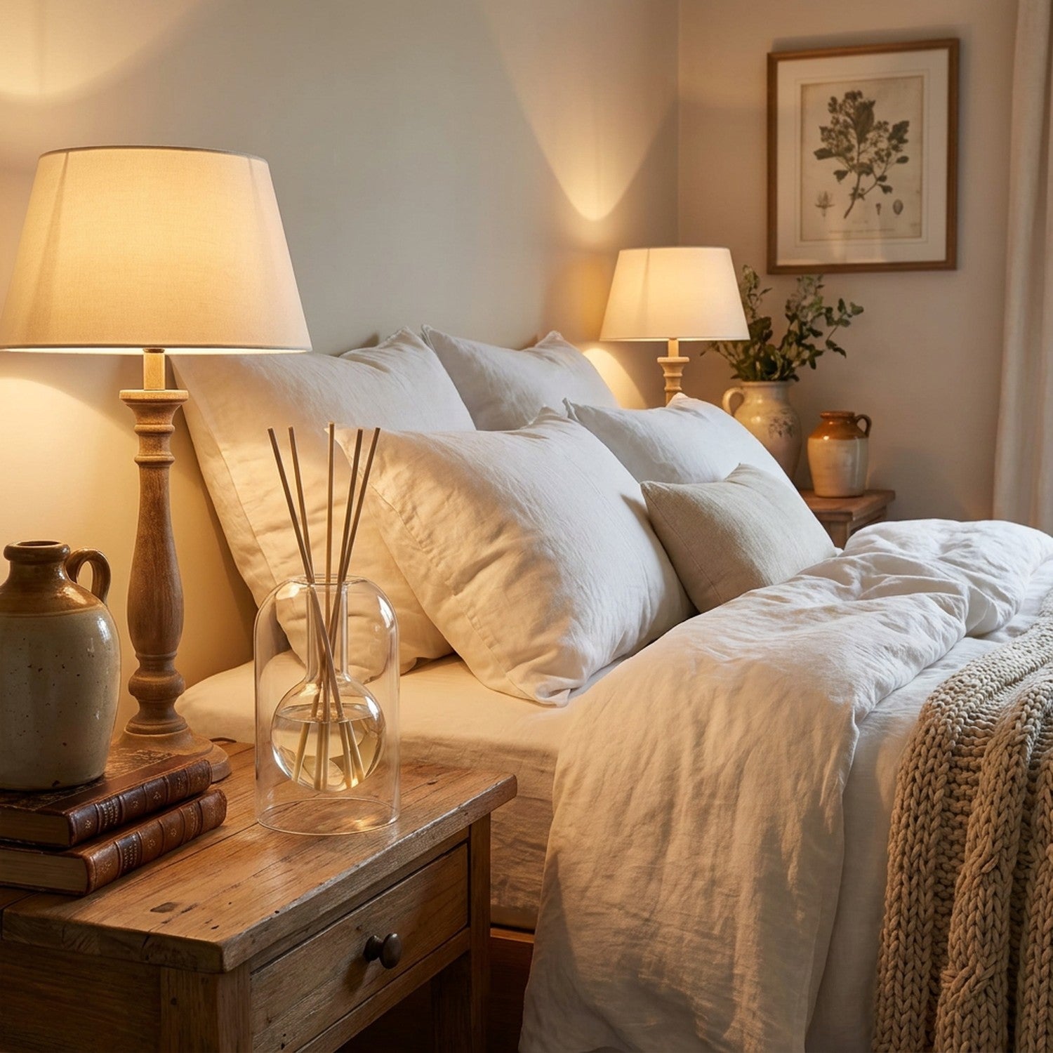 Diffuseur à bâtons en verre double paroi sur table de chevet chambre avec éclairage d'ambiance