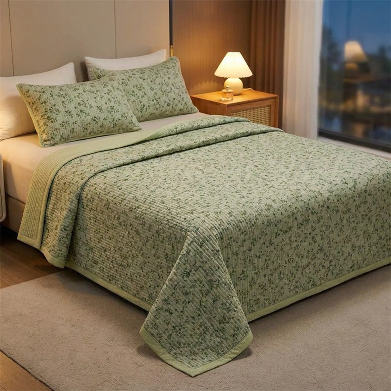 Couvre-lit vert fleuri dans une chambre moderne avec table de chevet et lampe allumée