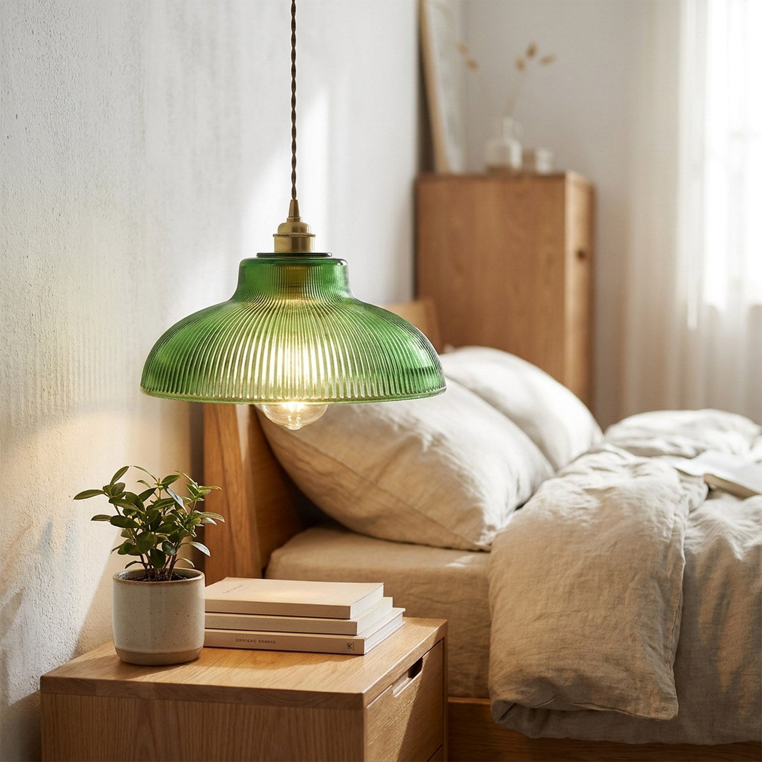 Suspension verre vert nervuré allumée dans une chambre scandinave cosy avec table de chevet