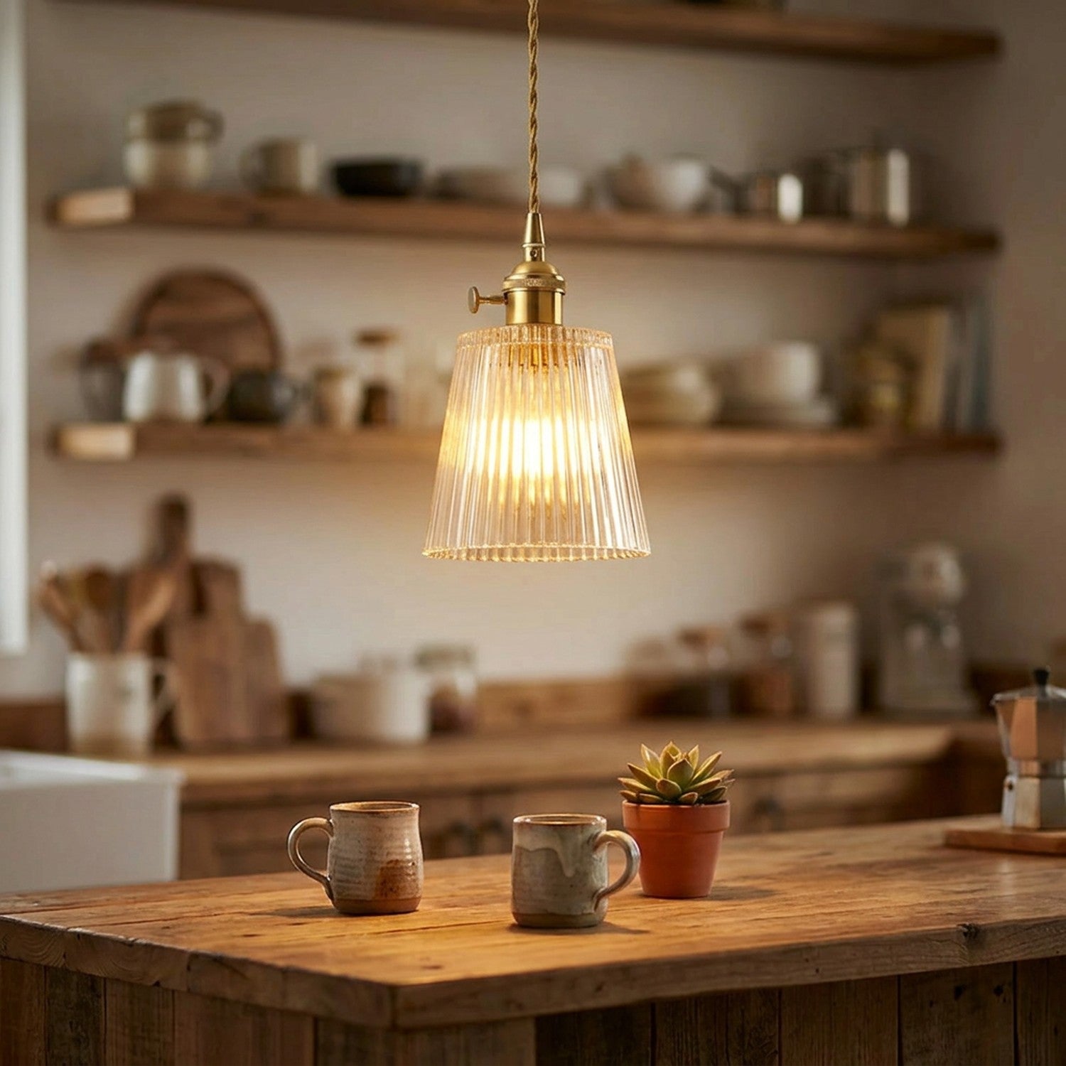 Suspension en verre strié laiton vintage allumée au-dessus d'un îlot de cuisine en bois, atmosphère chaleureuse