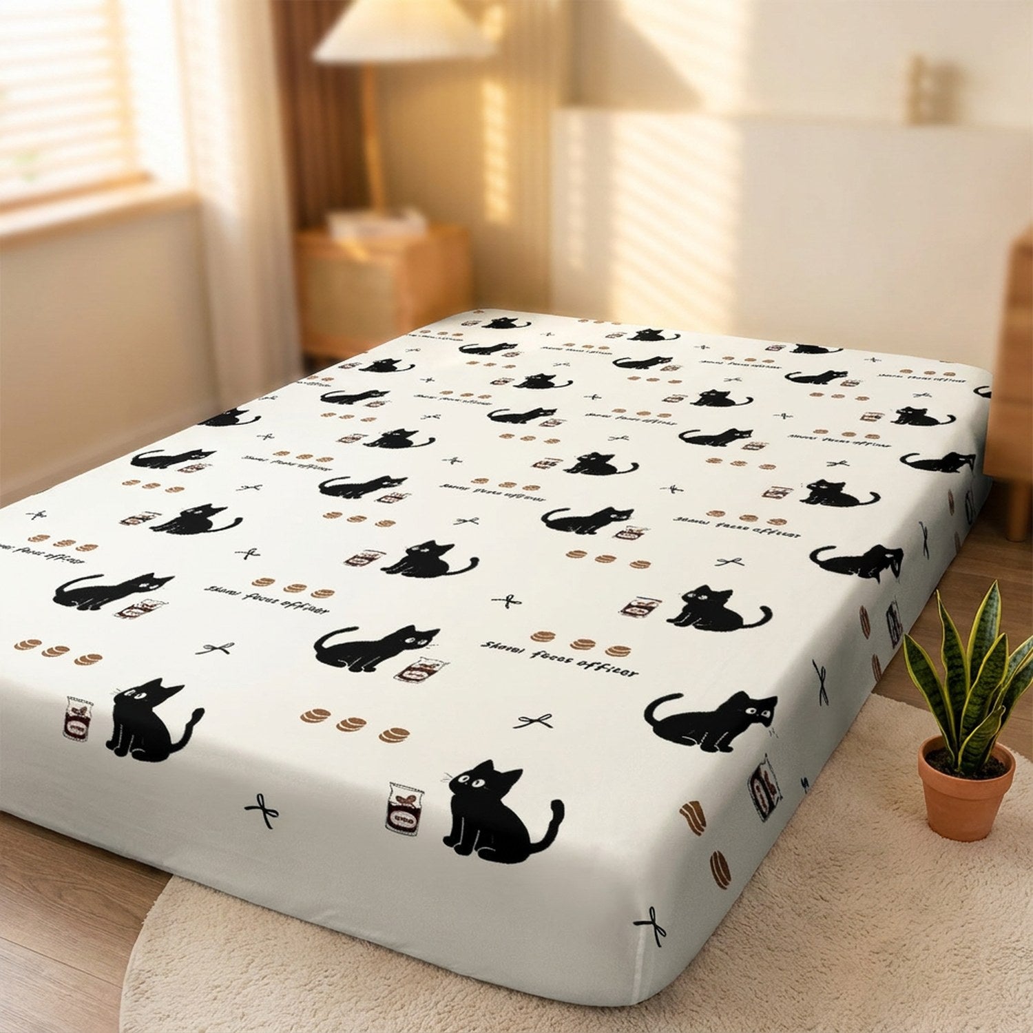 Drap housse chat dessin animé sur un lit avec tapis rond et plante