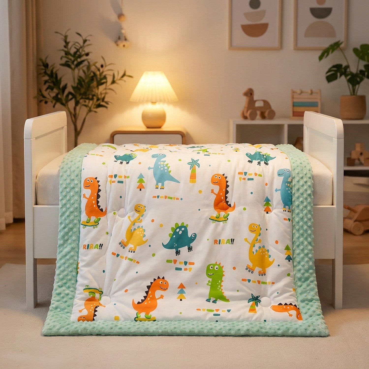 Couette bébé motif dinosaures dans une chambre moderne avec table de chevet