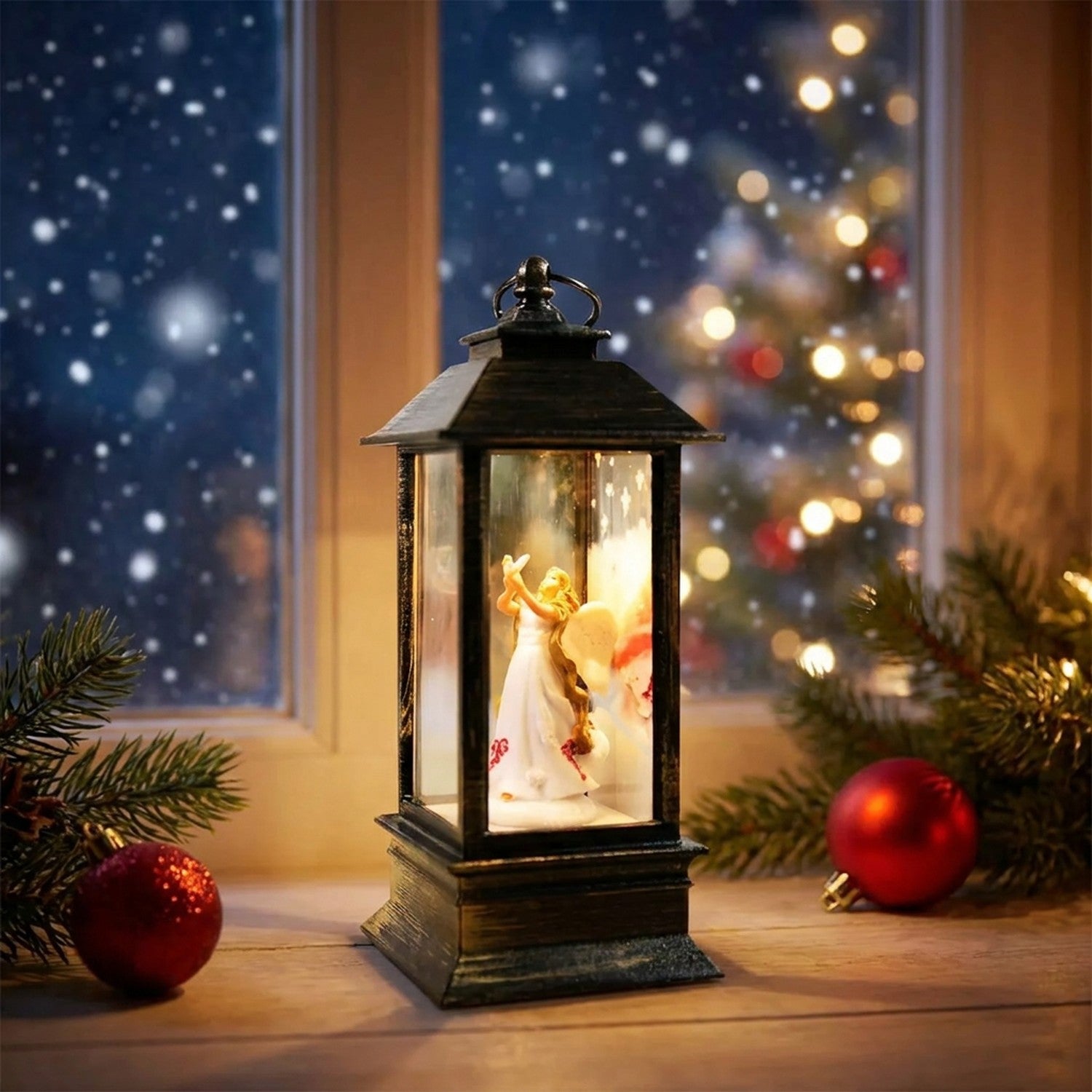 Lanterne de Noël LED suspendue fenêtre neige nuit hivernal