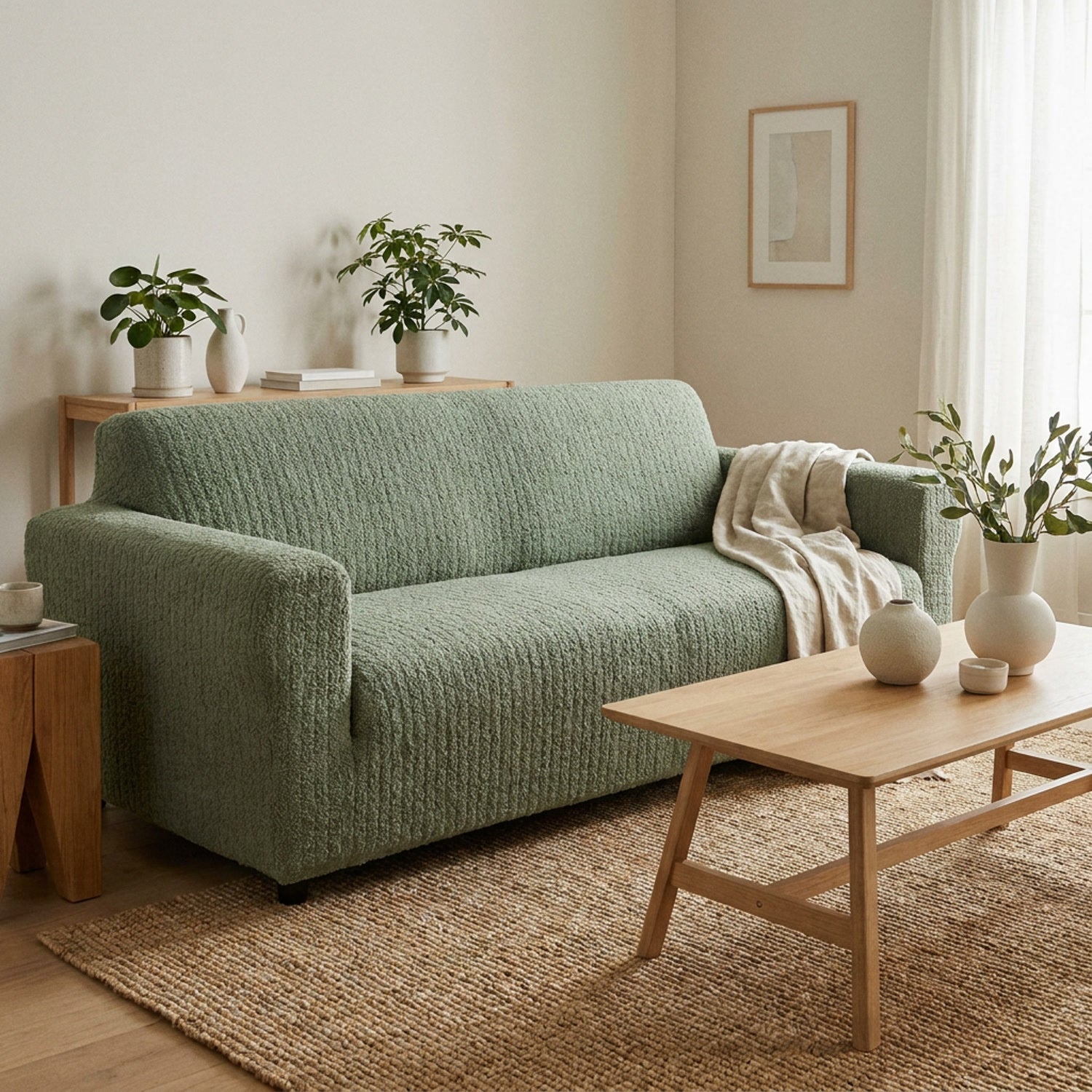 Housse de canapé bouclé vert sauge avec props génériques sans texte