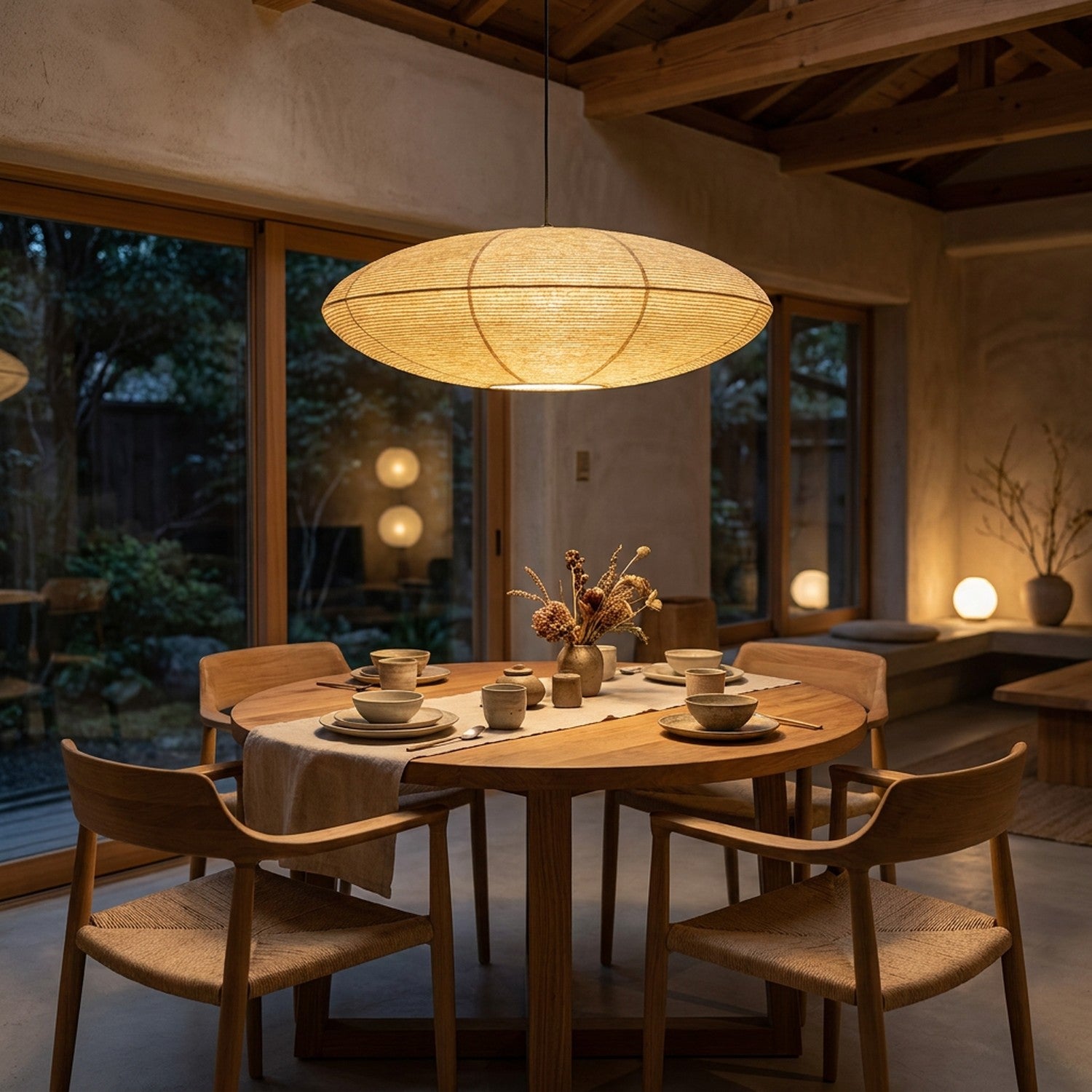 Suspension Wabi Sabi au-dessus d'une table à manger japonaise